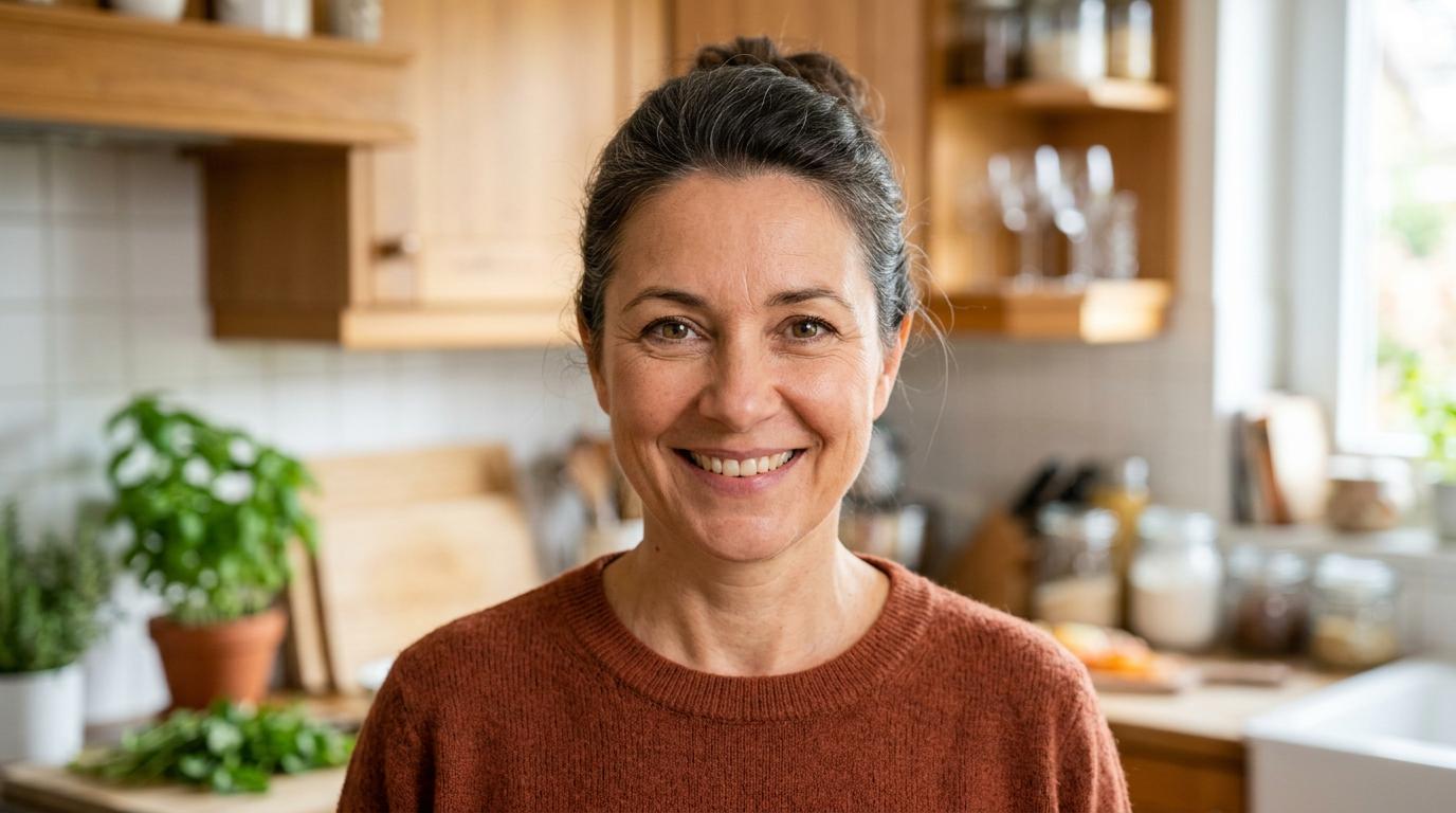 Start frame for Kling V3 Standard: Woman Presenting in a Kitchen