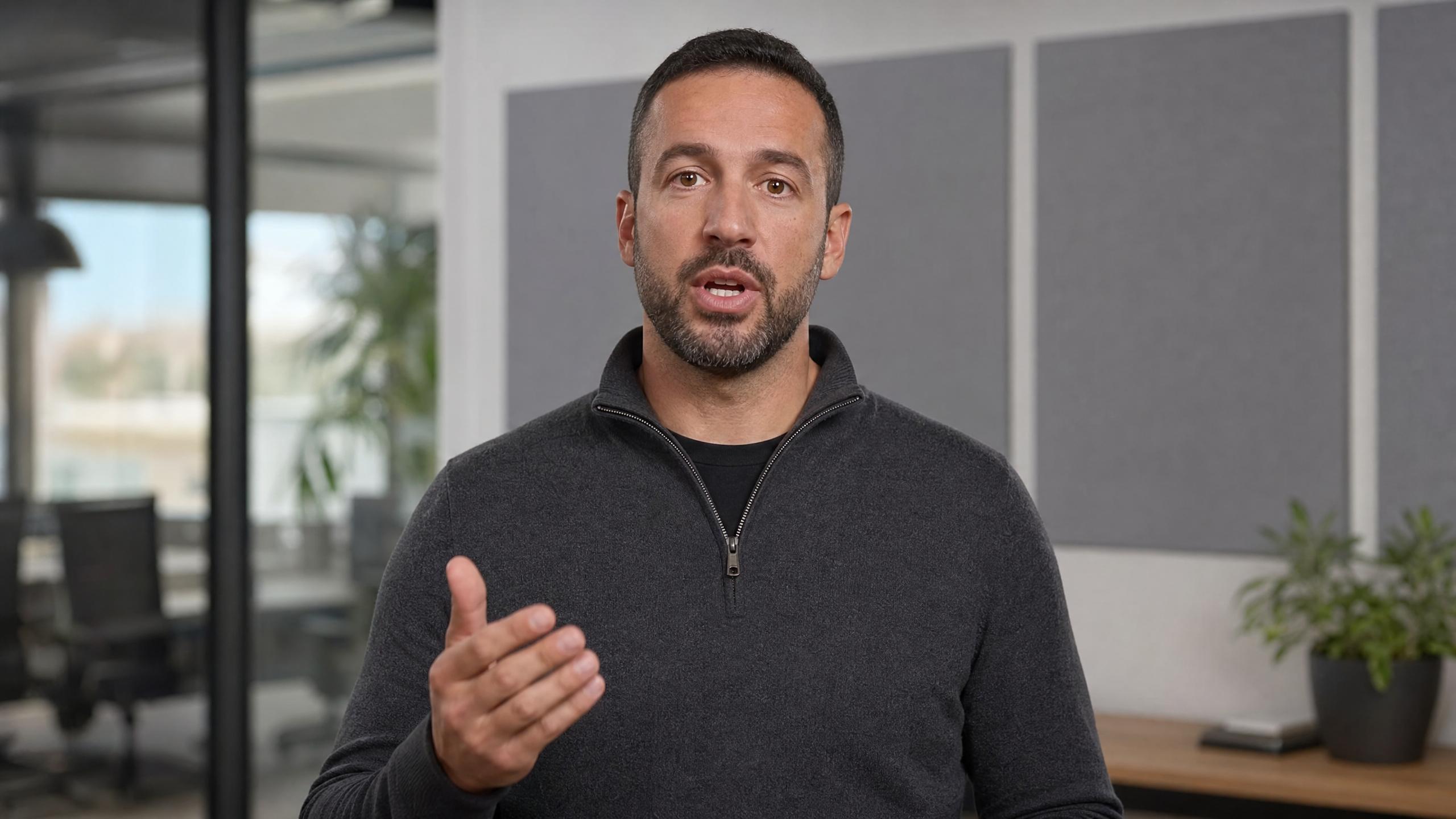 A bearded man in a dark quarter-zip sweater gesturing as he speaks to camera in an office