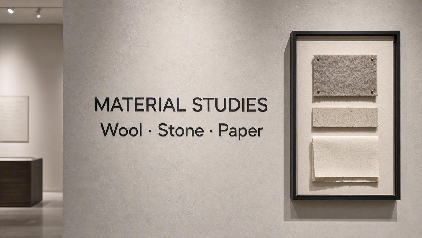 A museum wall with vinyl lettering reading MATERIAL STUDIES, Wool · Stone · Paper, beside a framed textile swatch.