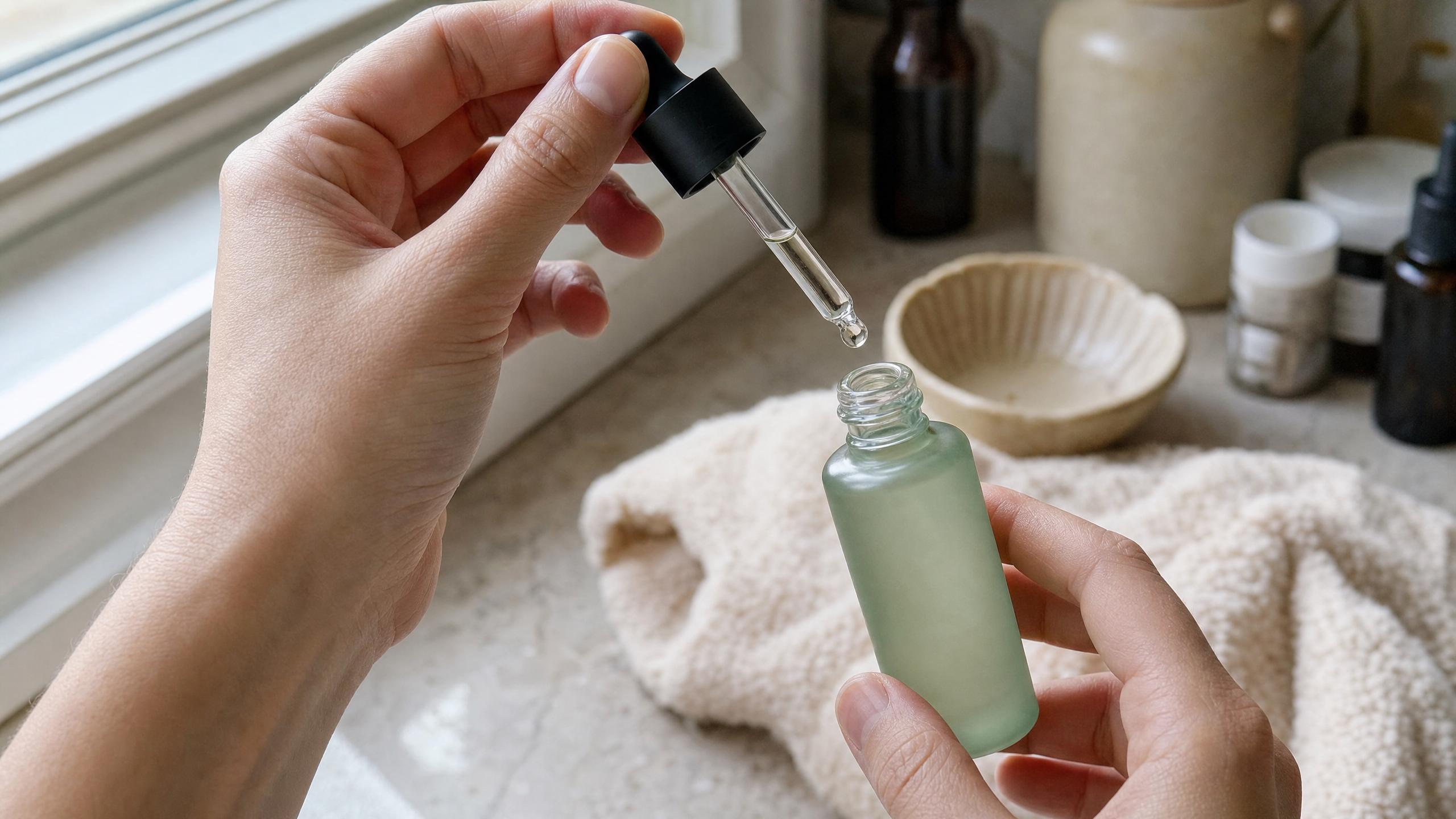 Hands drawing serum into a dropper from a frosted green bottle on a bathroom counter