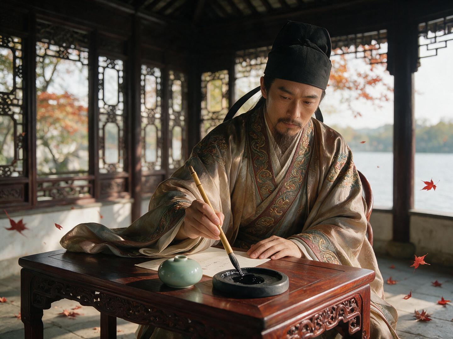 A scholar stands in a lakeside pavilion overlooking still water.