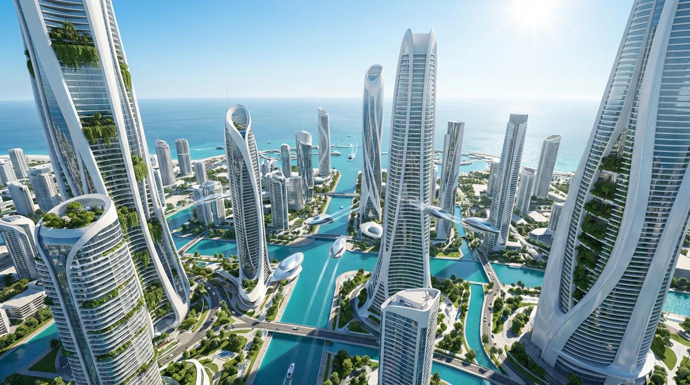Start frame for Futuristic Coastal Metropolis — Kling O3 Pro