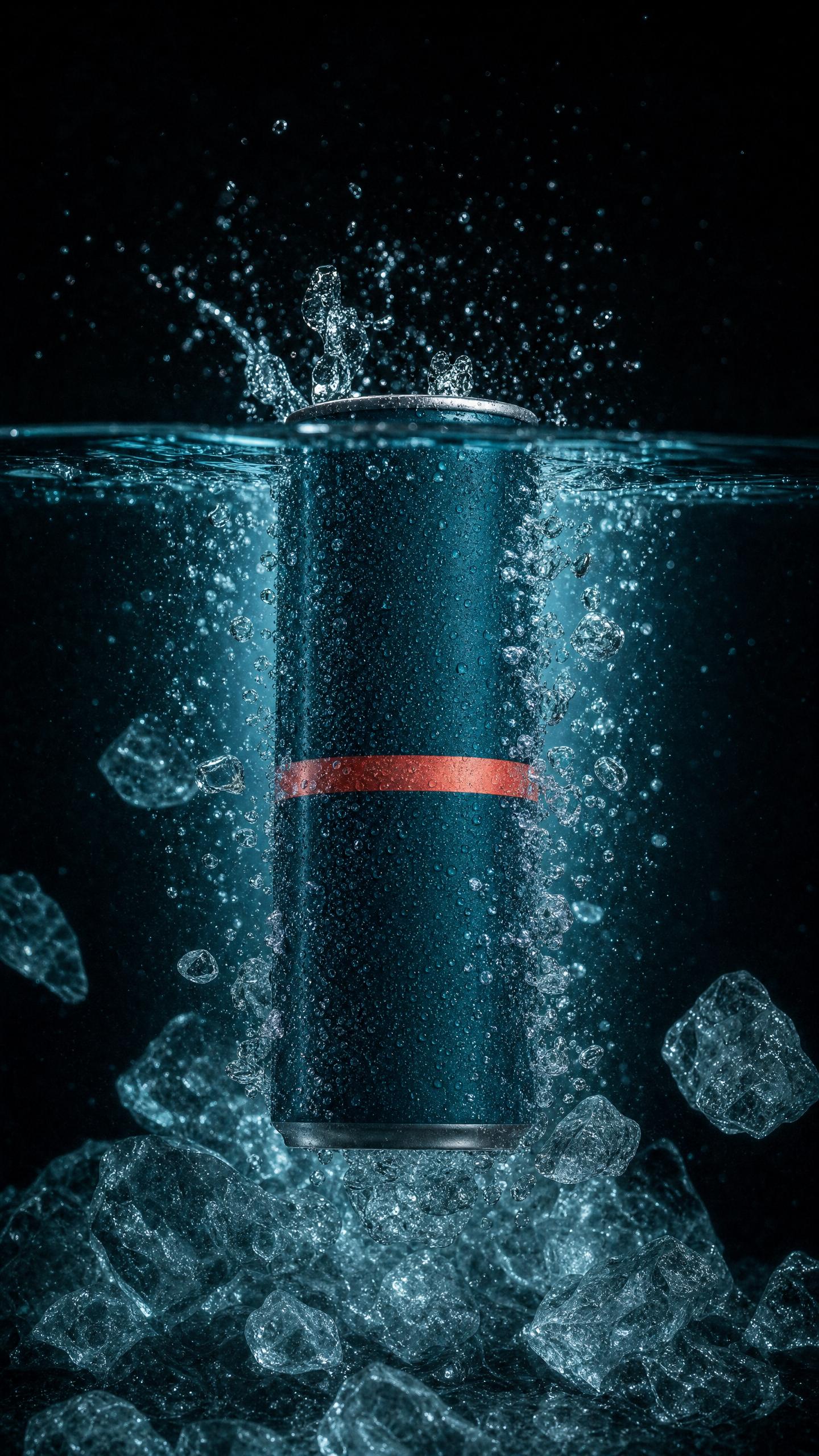 A teal drink can plunging into dark water with splashing bubbles and ice chunks