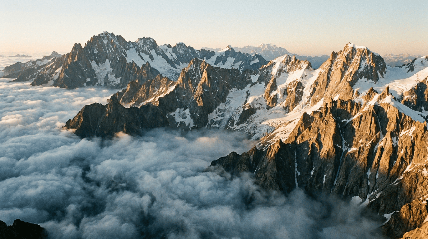 Rugged snow-streaked mountain peaks rising above a dense sea of clouds at sunrise