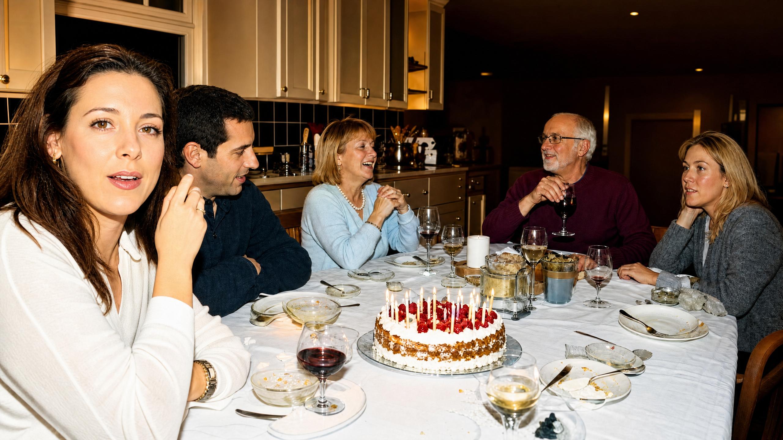 Enhanced photo with warm, saturated color of a family dinner around a birthday cake with candles