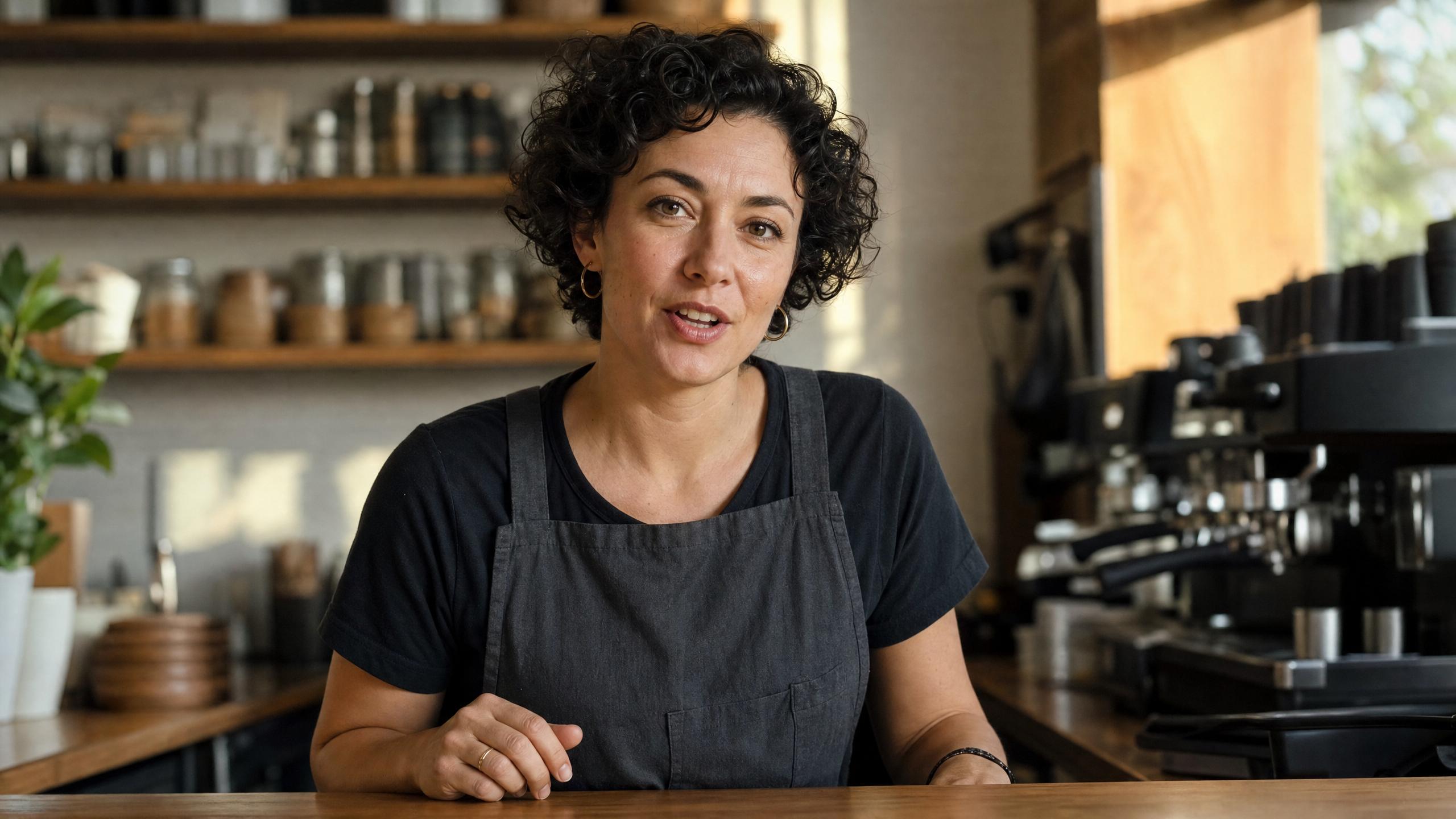 A woman with cropped dark curls in an apron behind a coffee-shop counter, speaking to camera in warm afternoon light