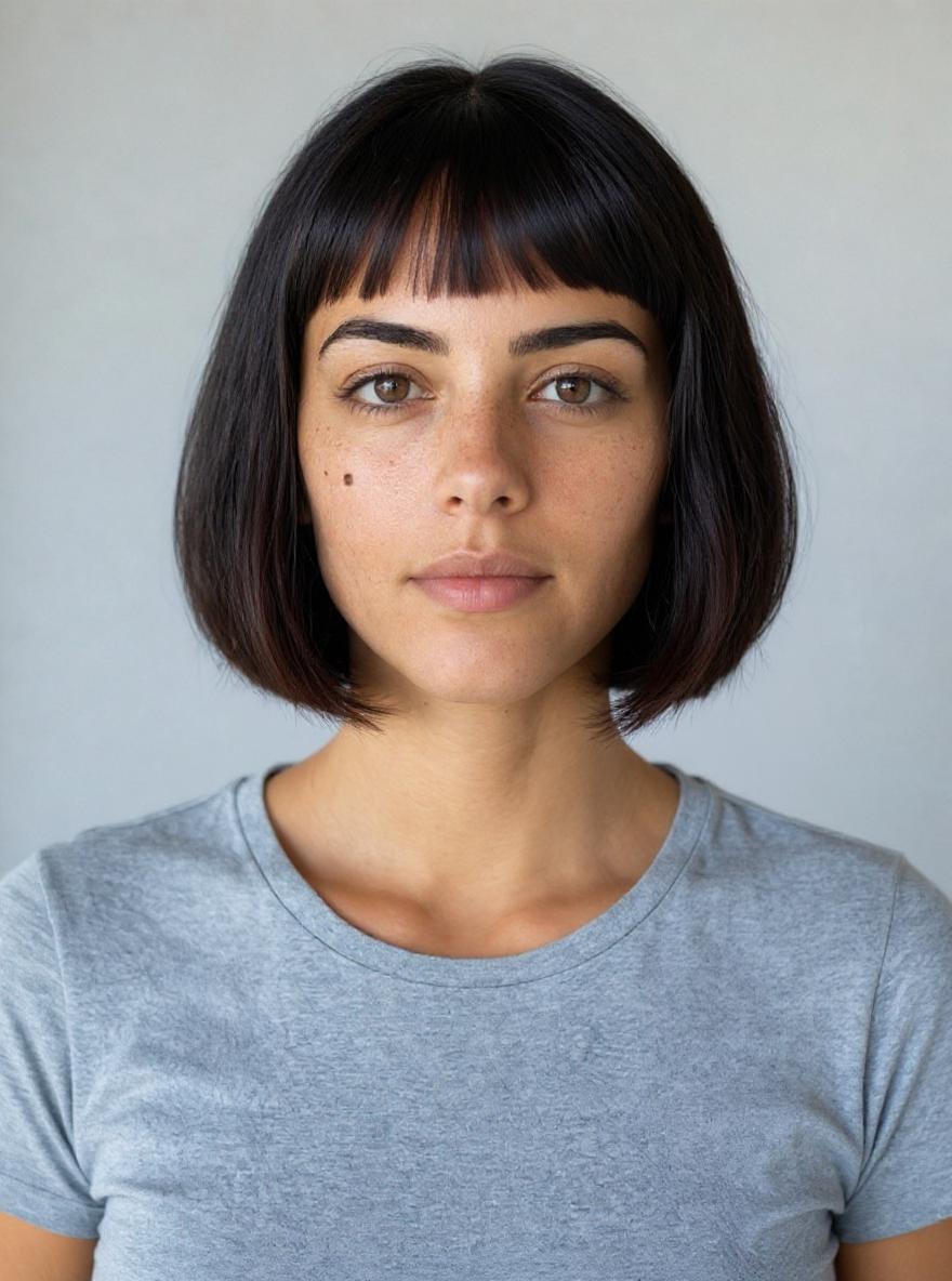 A woman with a rounded dark bob and wispy bangs, in a gray T-shirt against a plain wall