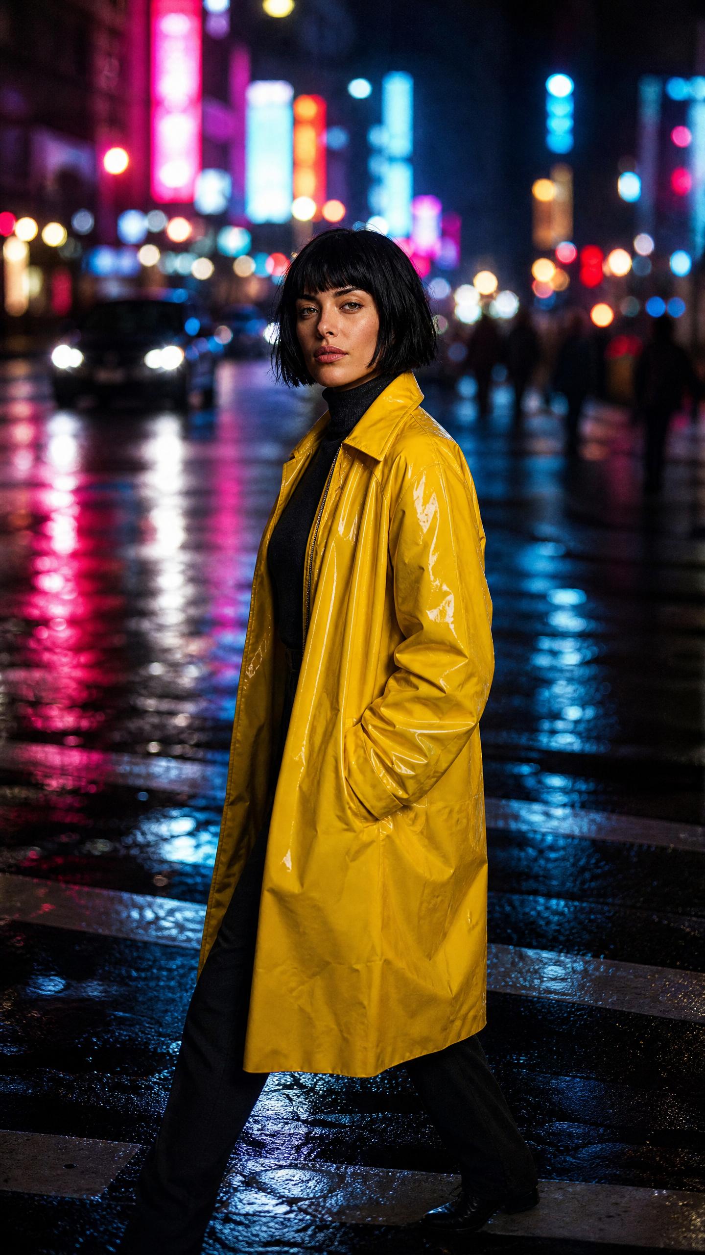 The same woman in the chrome-yellow raincoat crossing a rain-slicked neon street at night