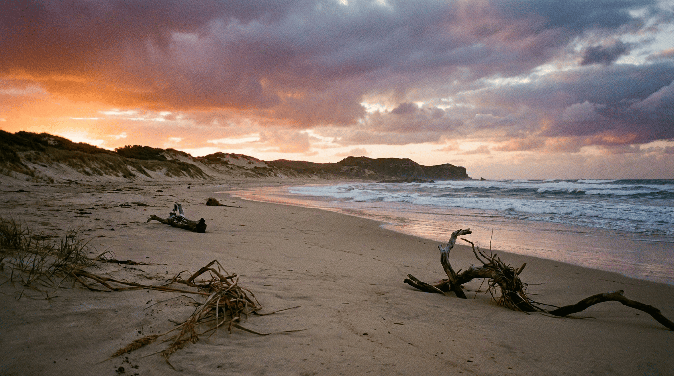 Beach at sunset with driftwood and dune grass on the sand, waves breaking near a rocky headland under orange clouds