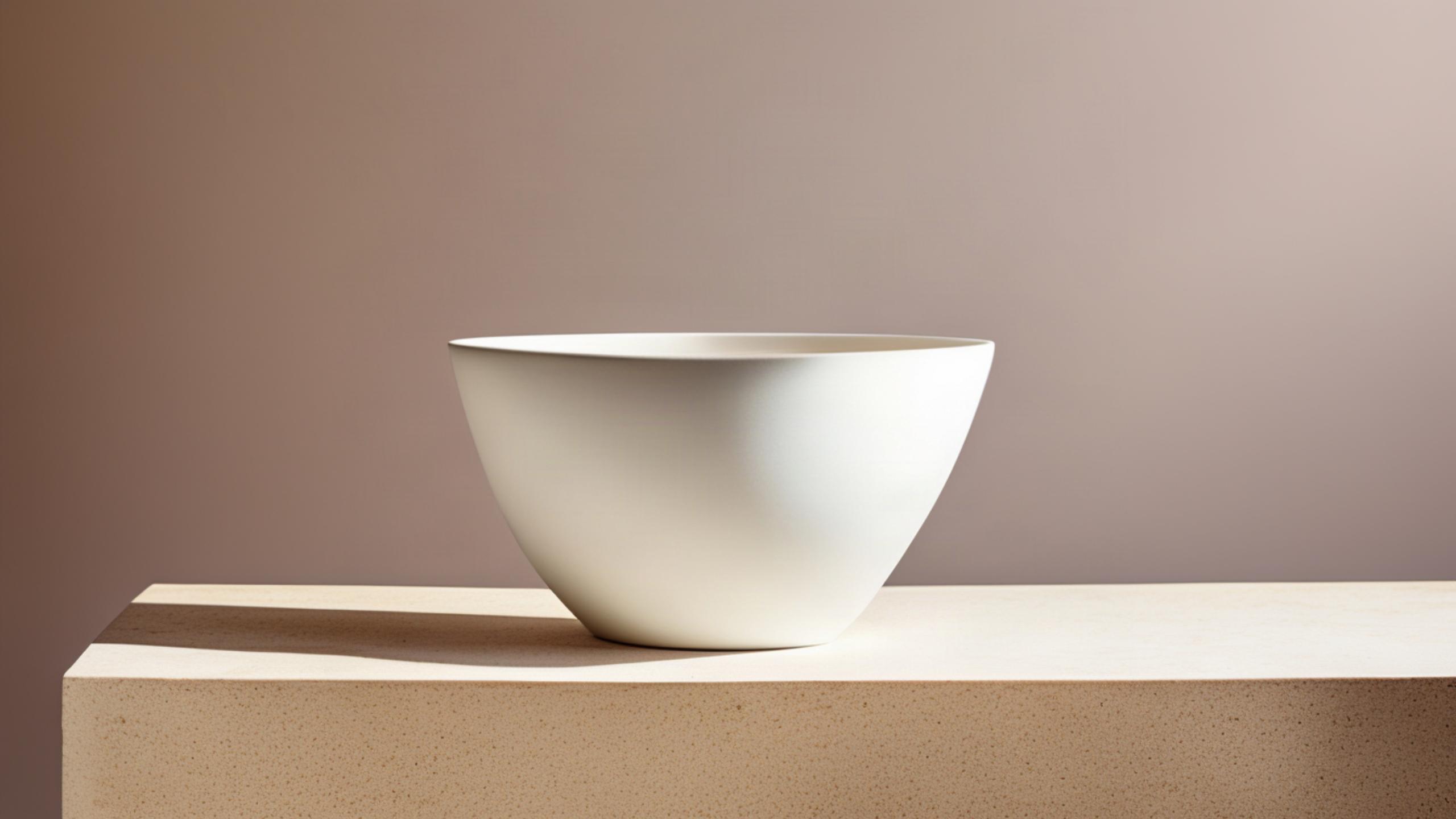 A matte white ceramic vessel with an asymmetric rim on a travertine pedestal against a warm grey background.