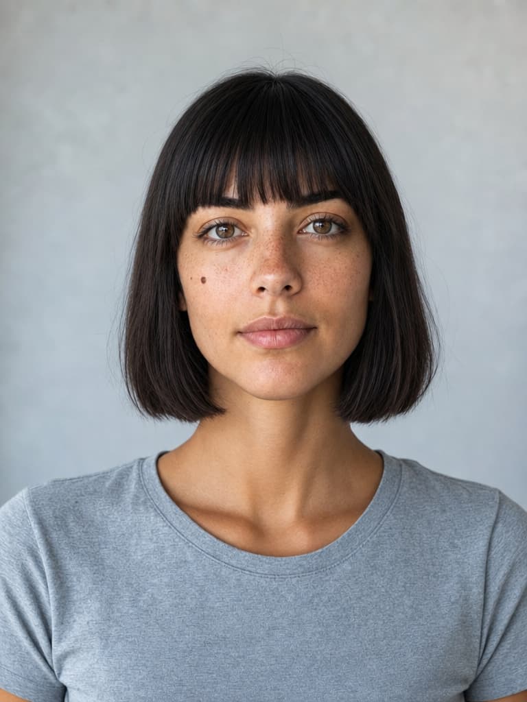 A woman with a blunt black bob and full straight bangs, in a gray T-shirt against a plain wall