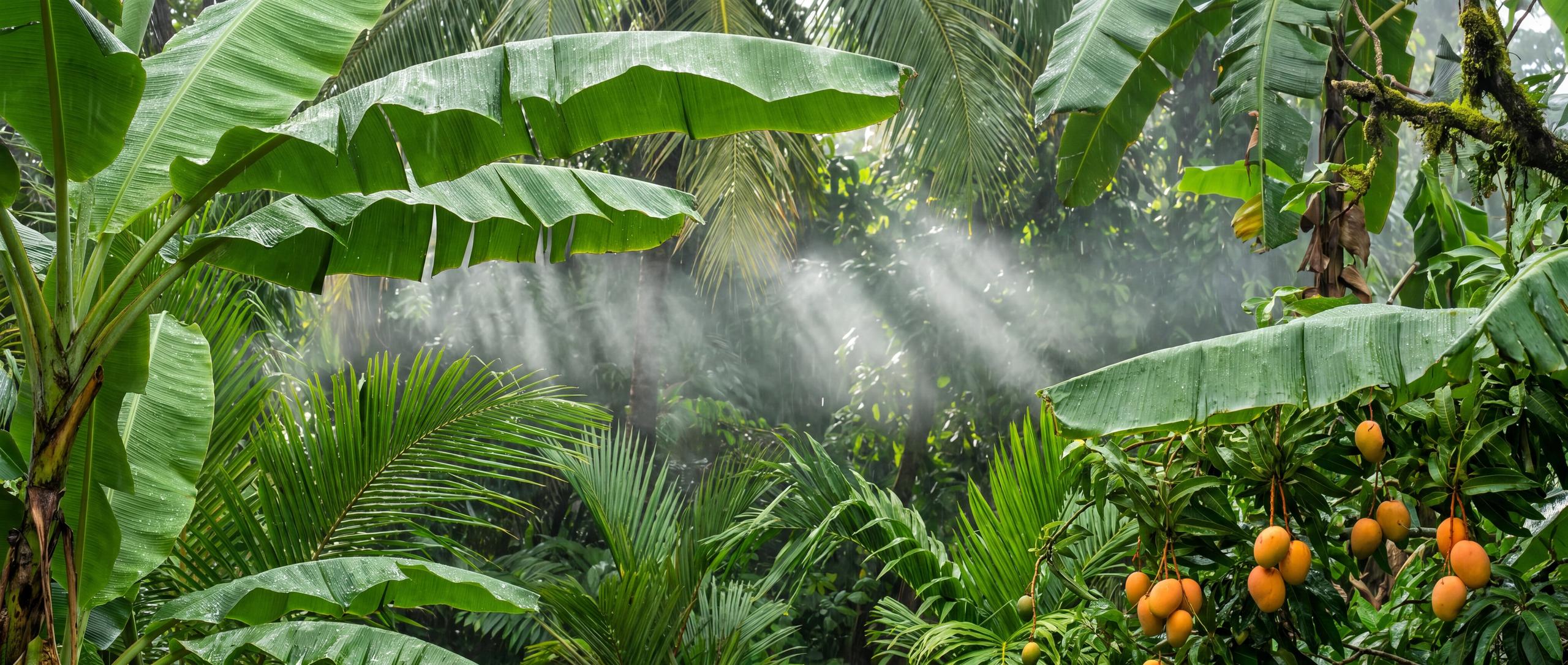 Rainforest canopy after rain with layered palm fronds and hanging mangoes
