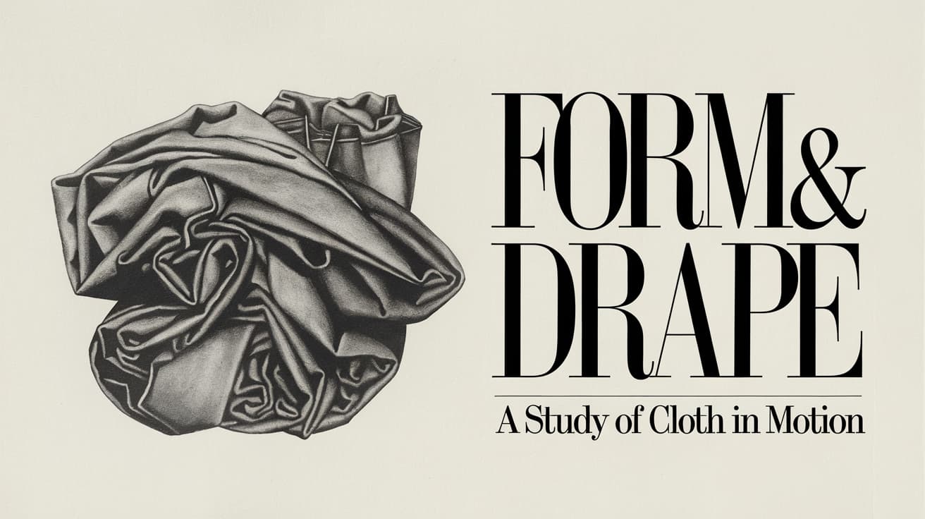 A cream letterpress exhibition poster reading FORM & DRAPE above a charcoal ink illustration of folded fabric.