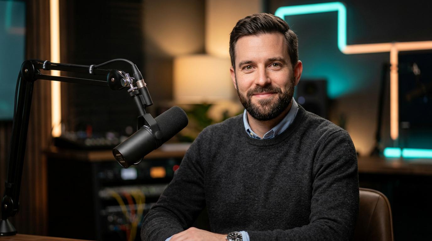 Start frame for Podcast Host Speaking in Studio — Happy Horse