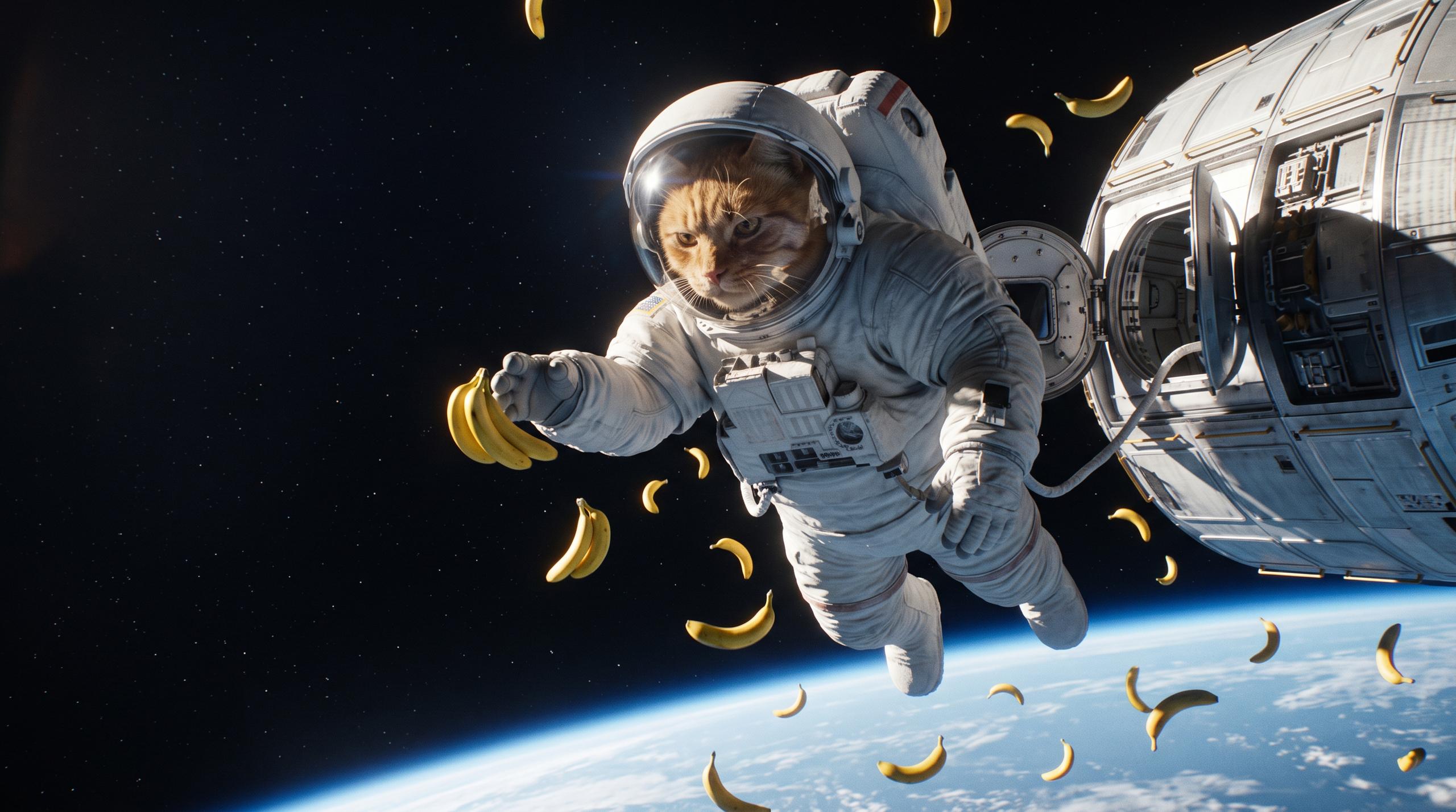 An orange tabby cat in a white space suit floats on a tether beside an orbiting spacecraft, reaching for a bunch of bananas as more bananas drift past, with Earth's horizon below.