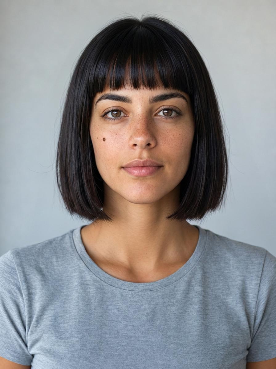 A woman with a sleek chin-length black bob and blunt bangs, in a gray T-shirt against a plain wall