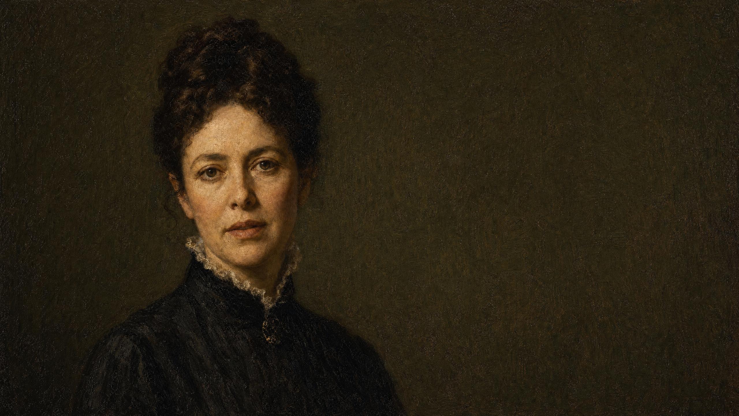 Widescreen crop of a 19th-century oil portrait of a woman with an updo and a black lace-collared dress