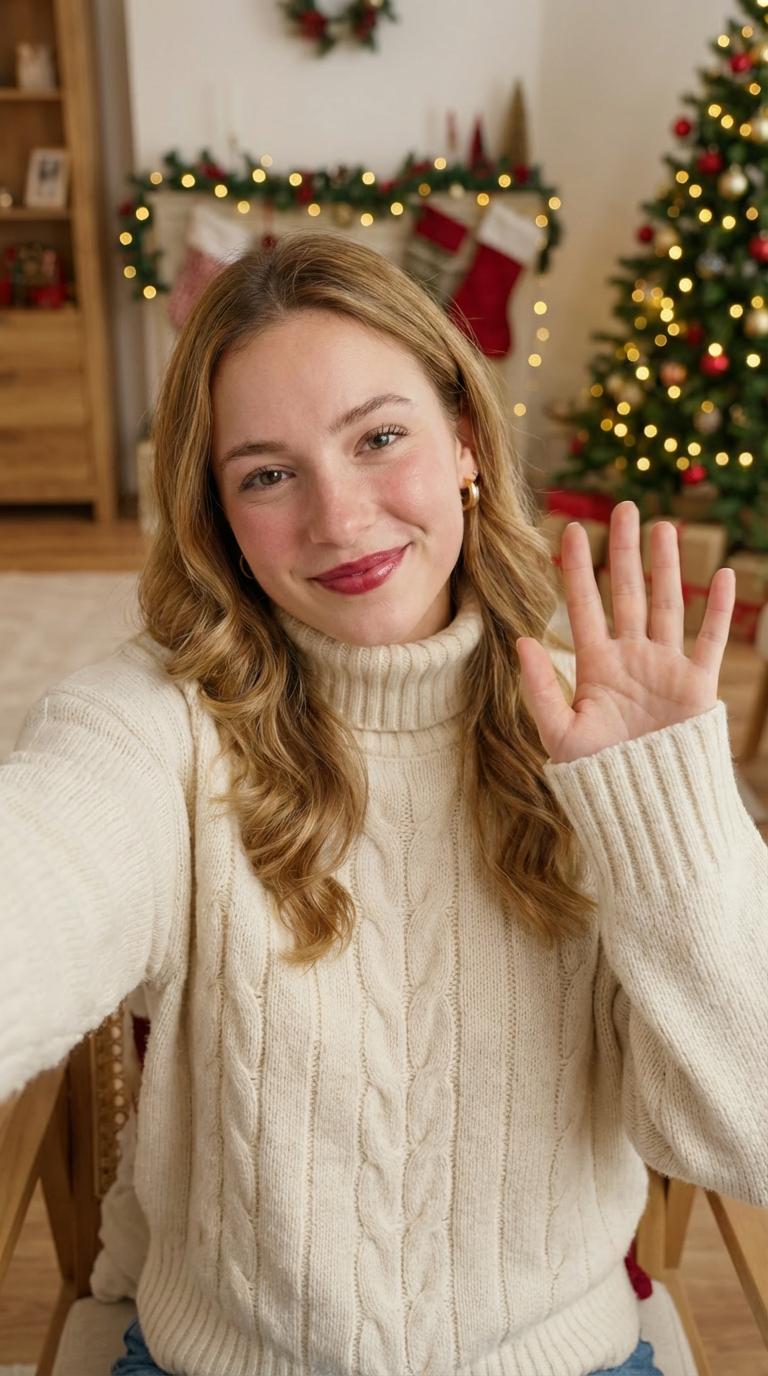 Start frame for Woman Waving in Holiday Setting — Veo 3.1