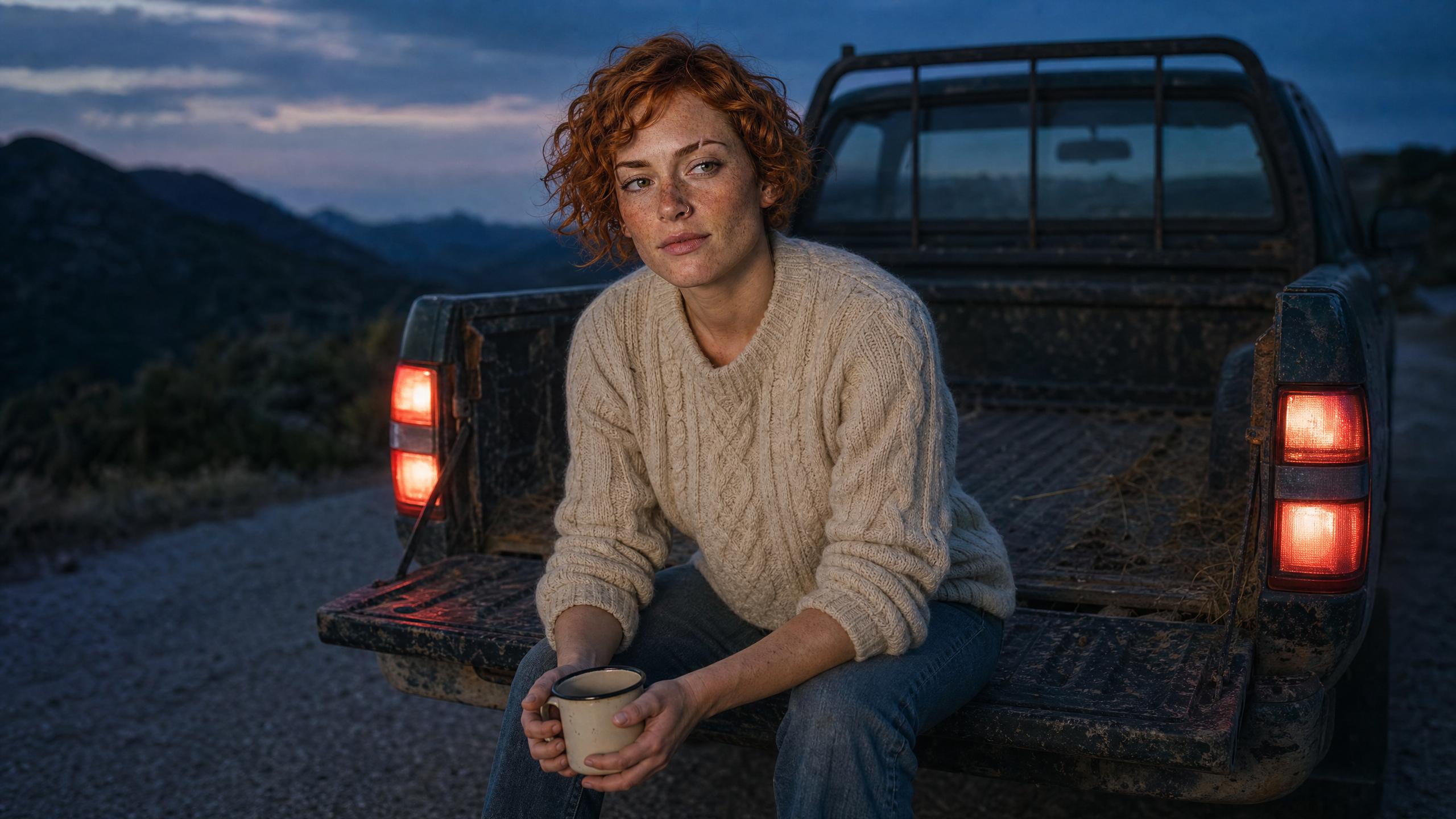 A red-haired woman in a cable-knit sweater holding a mug on the tailgate of a pickup truck at dusk