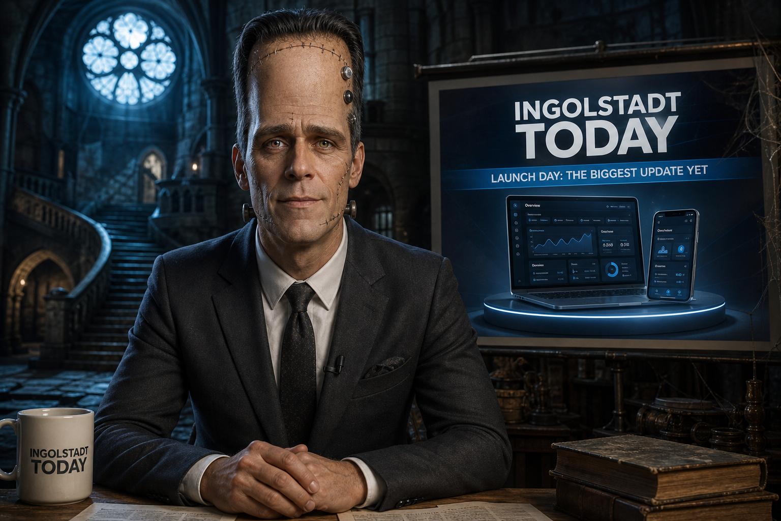 Start frame for Frankenstein News Anchor Product Launch — Hedra Character 3
