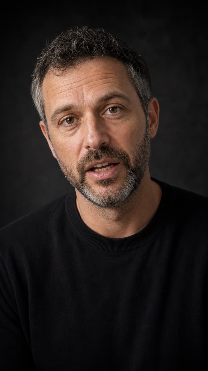 The same man in a dark studio against a charcoal backdrop, mid-sentence to camera