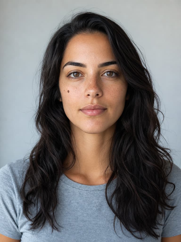 A woman with long wavy black hair, in a gray T-shirt against a plain wall