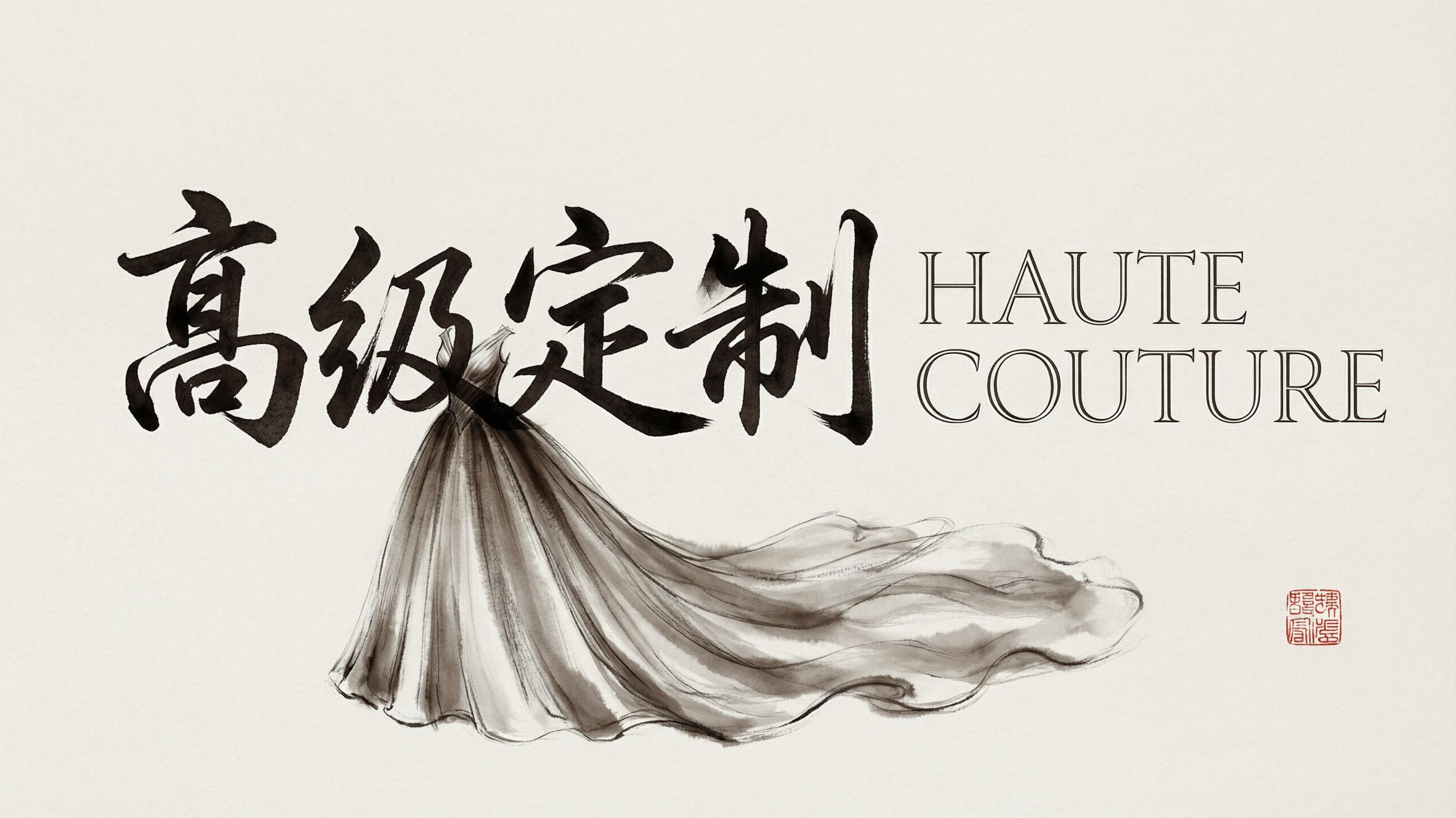 A bilingual exhibition poster: Chinese calligraphy beside HAUTE COUTURE in serif capitals over an ink-wash gown illustration.