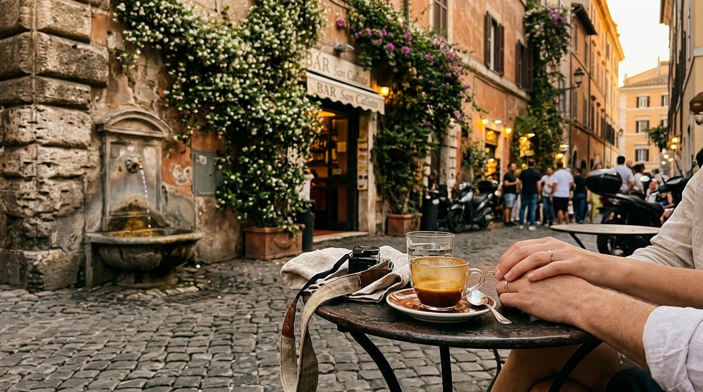 Start frame for Charming Roman Cafe Scene — Kling V3 Pro