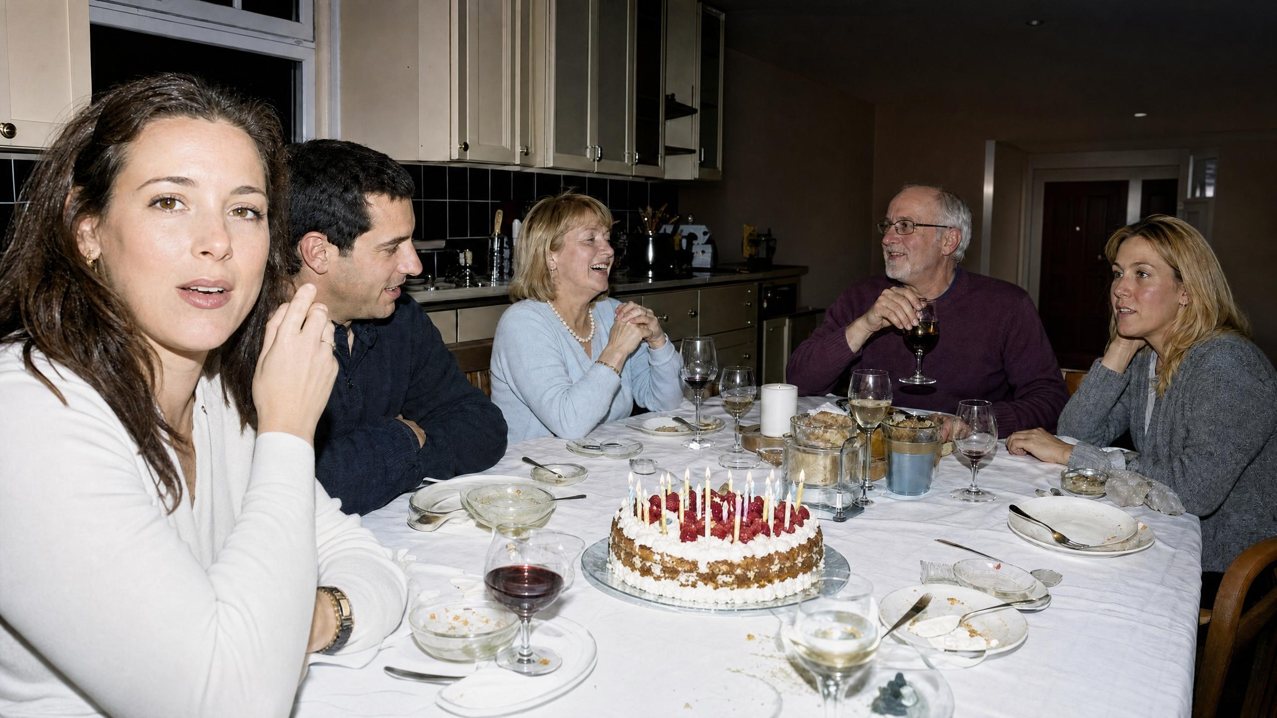 Color-corrected photo of five people at a kitchen dinner table around a birthday cake with candles