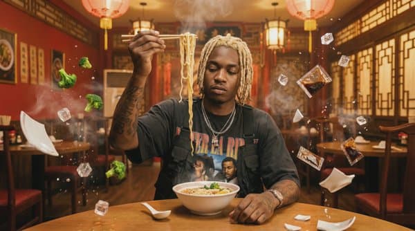 Man with blond dreadlocks eating noodles in a red-lit restaurant, cards suspended mid-air