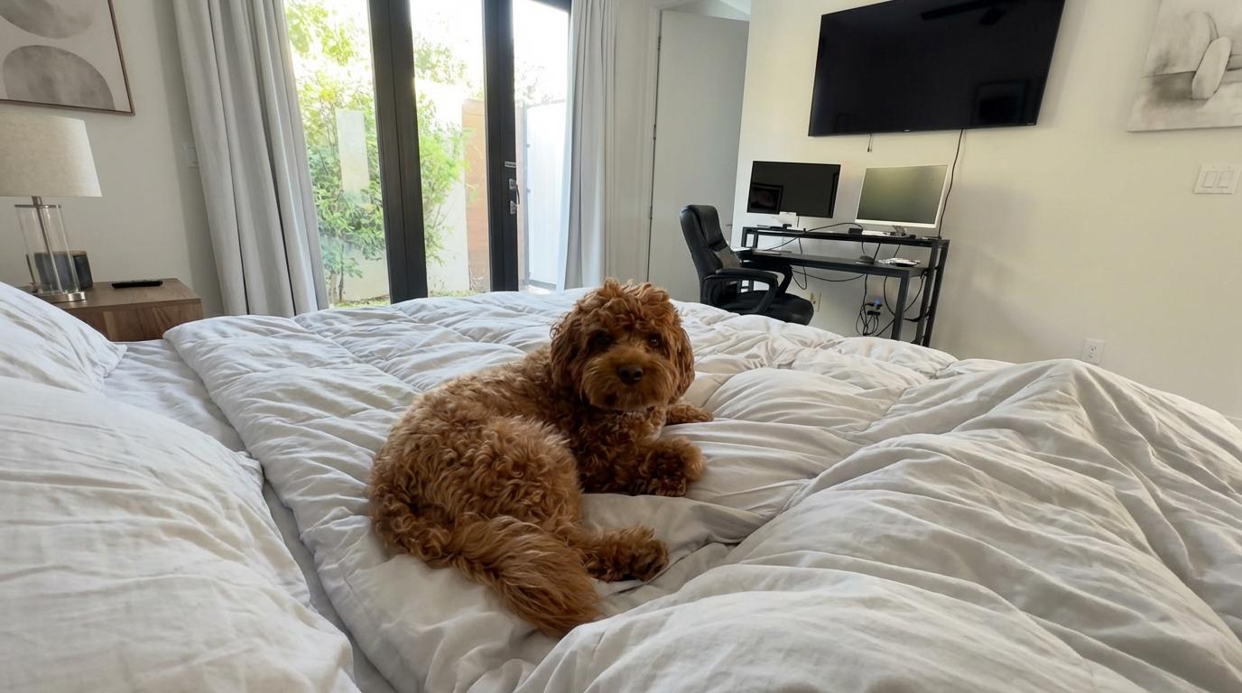 Start frame for Fluffy Dog on a White Duvet — Kling O3 Pro