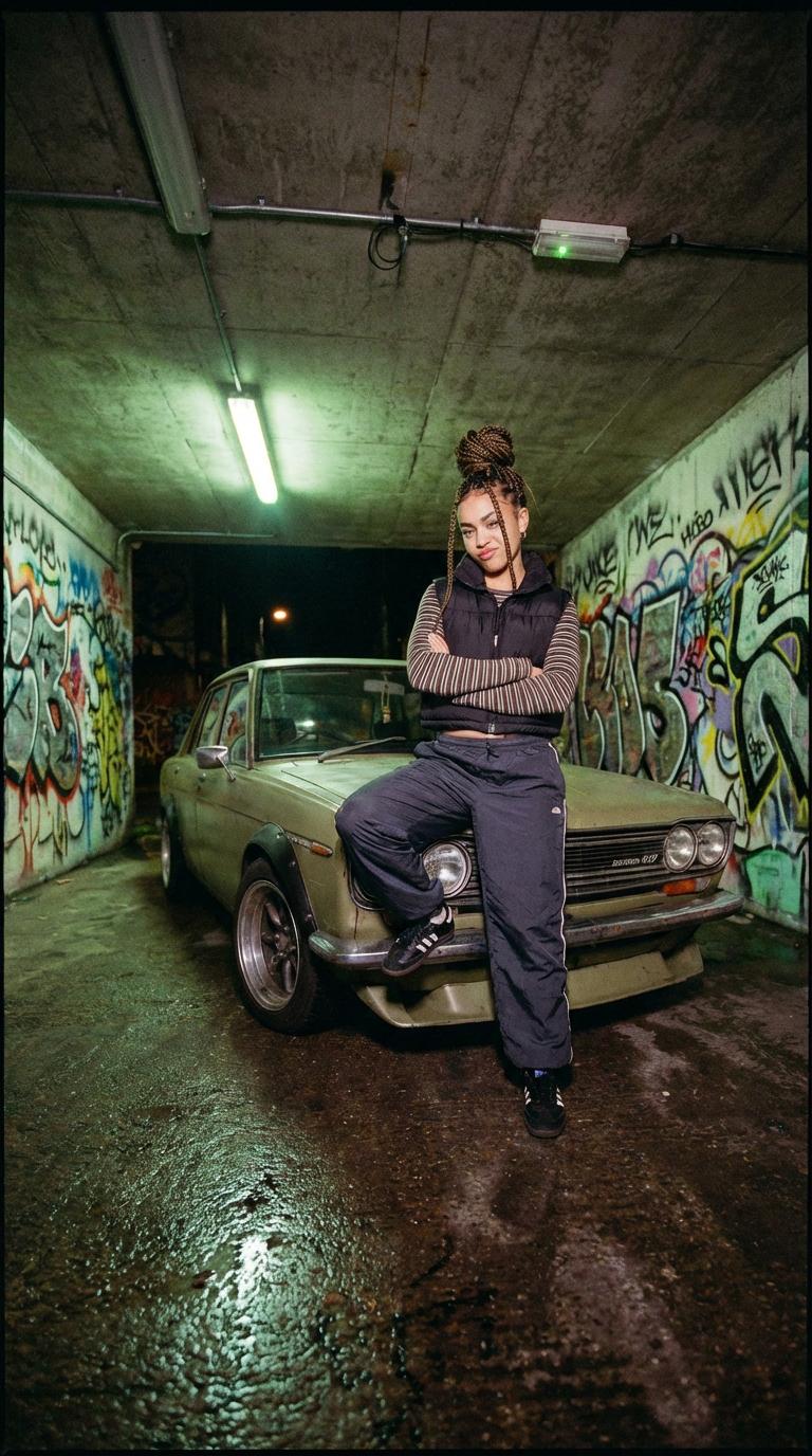 Start frame for Woman Leaning on Vintage Car in Graffiti Tunnel — Grok Video