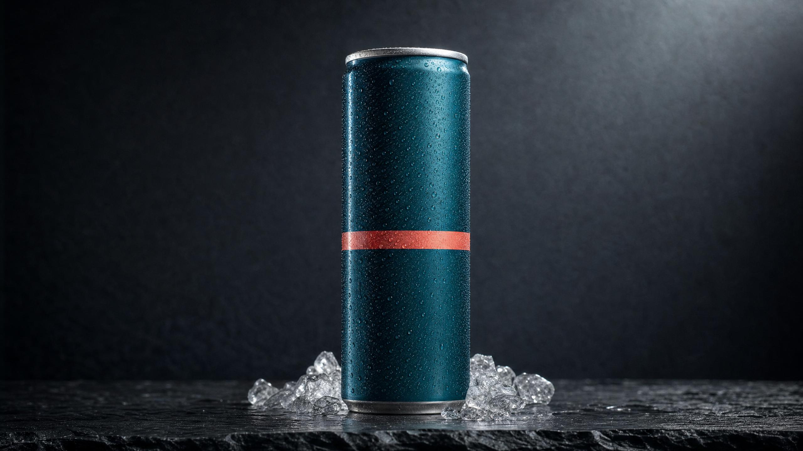 A teal drink can with a coral stripe standing on dark stone beside crushed ice