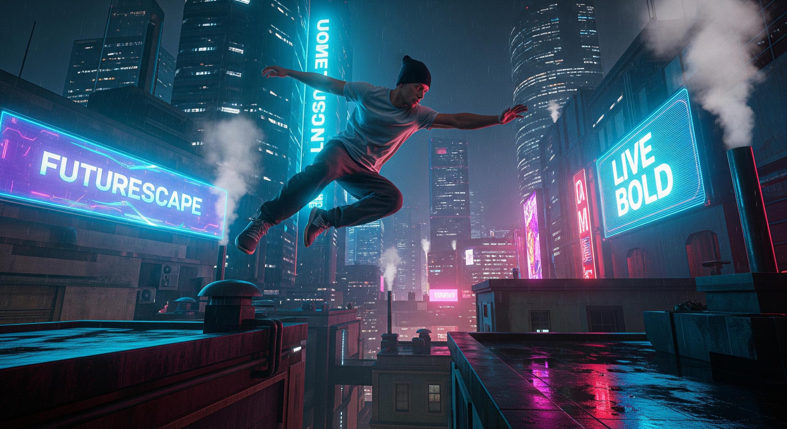 Start frame for Rooftop Parkour in Futuristic City — Sora 2 Pro