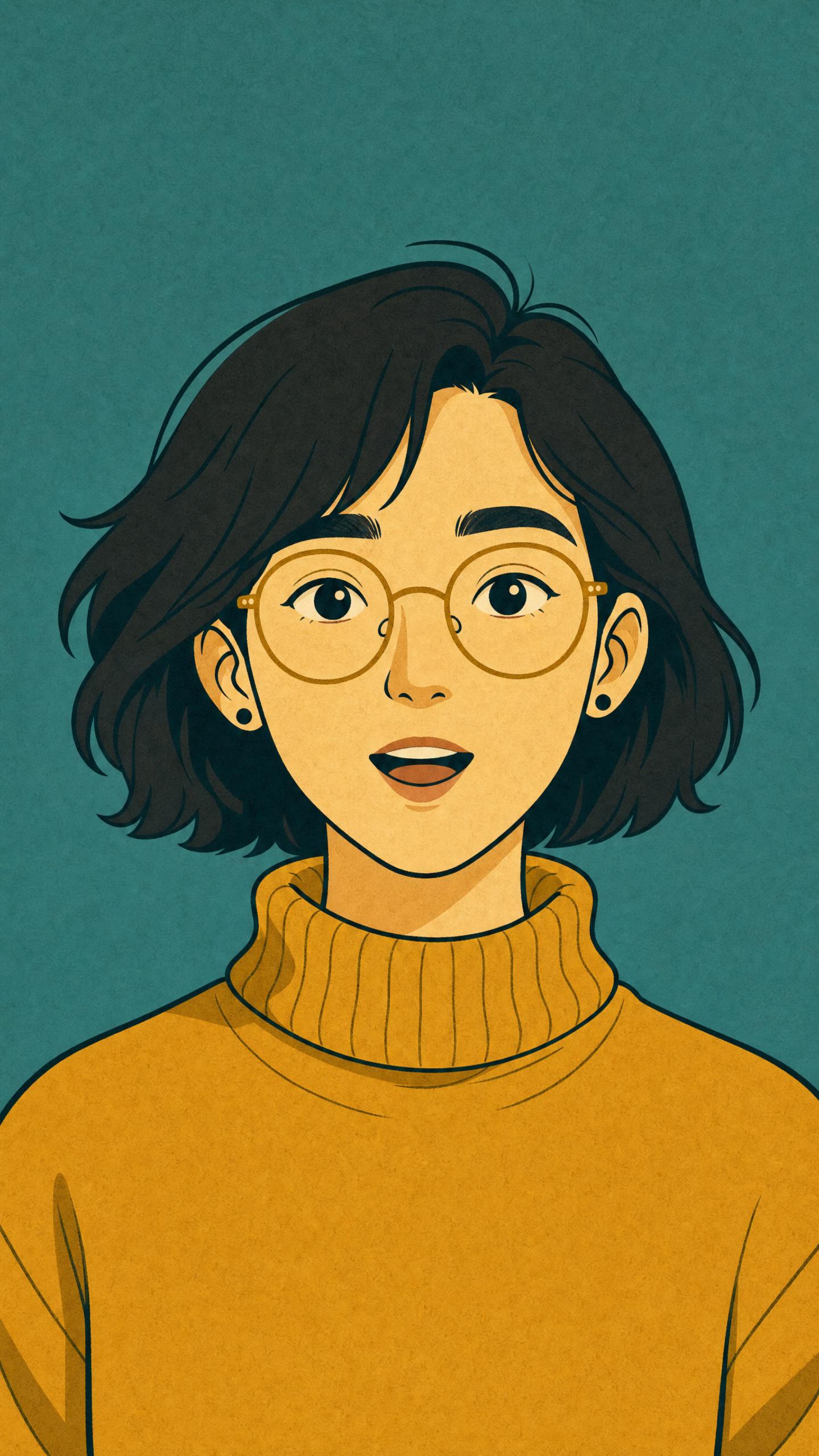 Illustrated woman with a dark bob and round glasses in a mustard turtleneck, speaking against a teal background