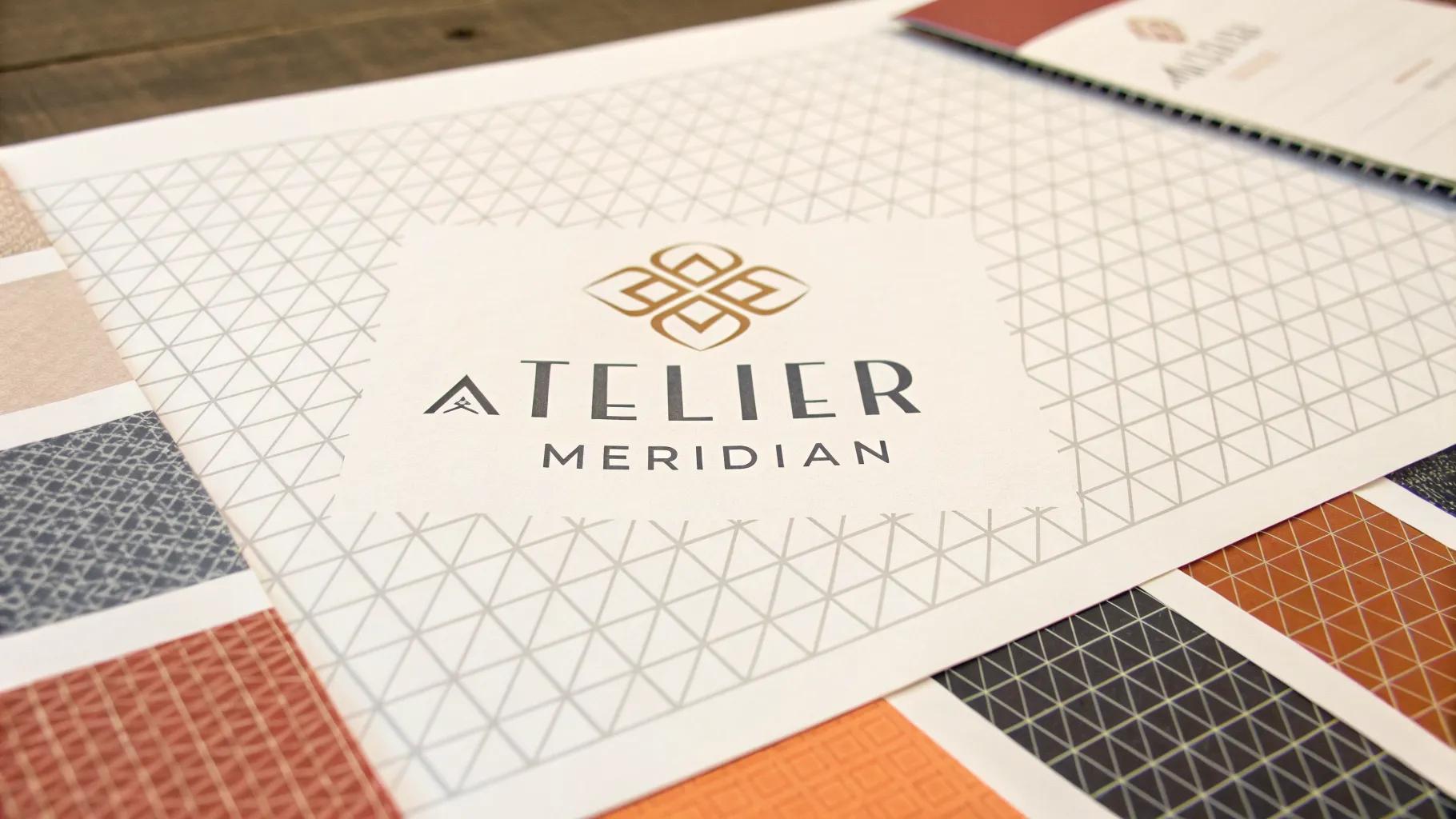A brand identity sheet with a geometric monogram, ATELIER MERIDIAN wordmark, pattern swatches, and color chips.