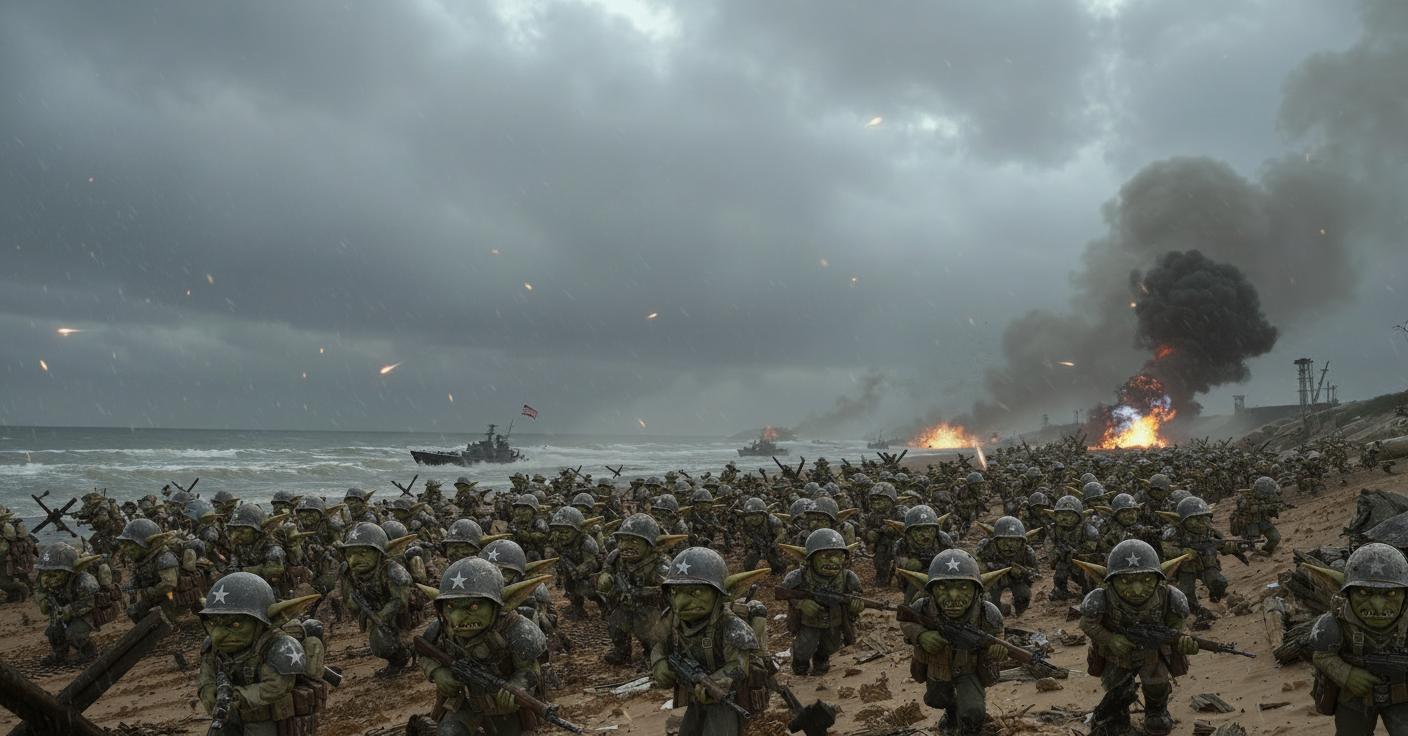 Start frame for Goblin D-Day Beach Landing — Veo 3 Fast