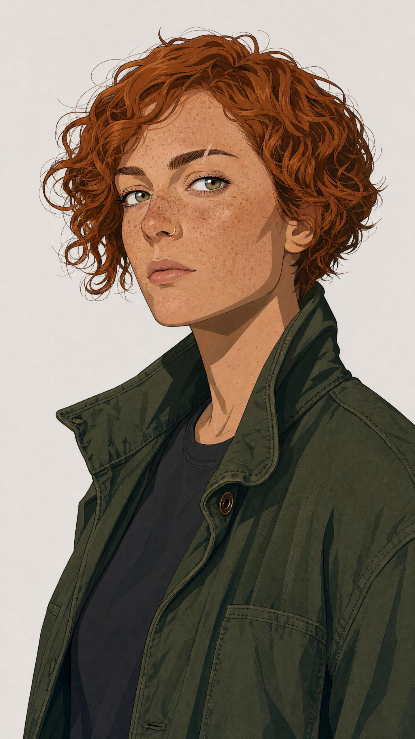 Flat illustrated portrait of a freckled woman with curly red hair in an olive jacket on a light background