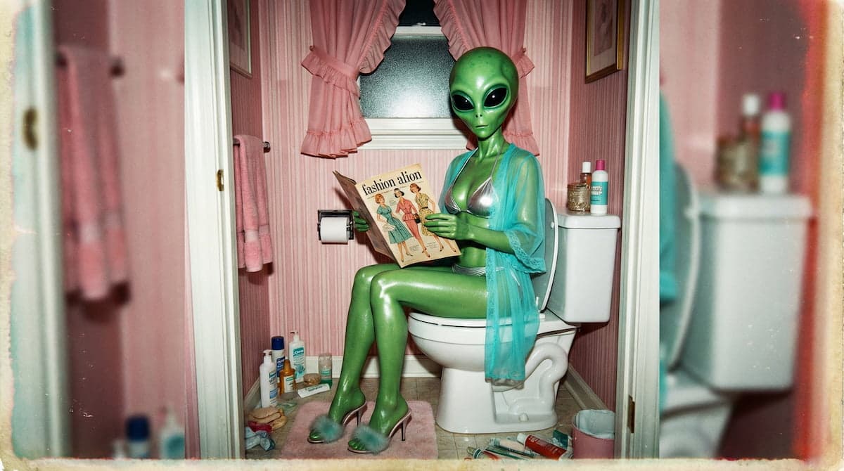 Retro photo of a green alien in a shiny outfit reading a fashion magazine in a pink bathroom