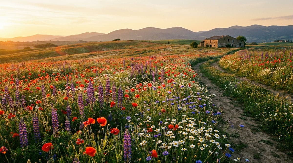 Field of red poppies, purple lupines, and daisies along a dirt track leading to a stone farmhouse, mountains at sunset