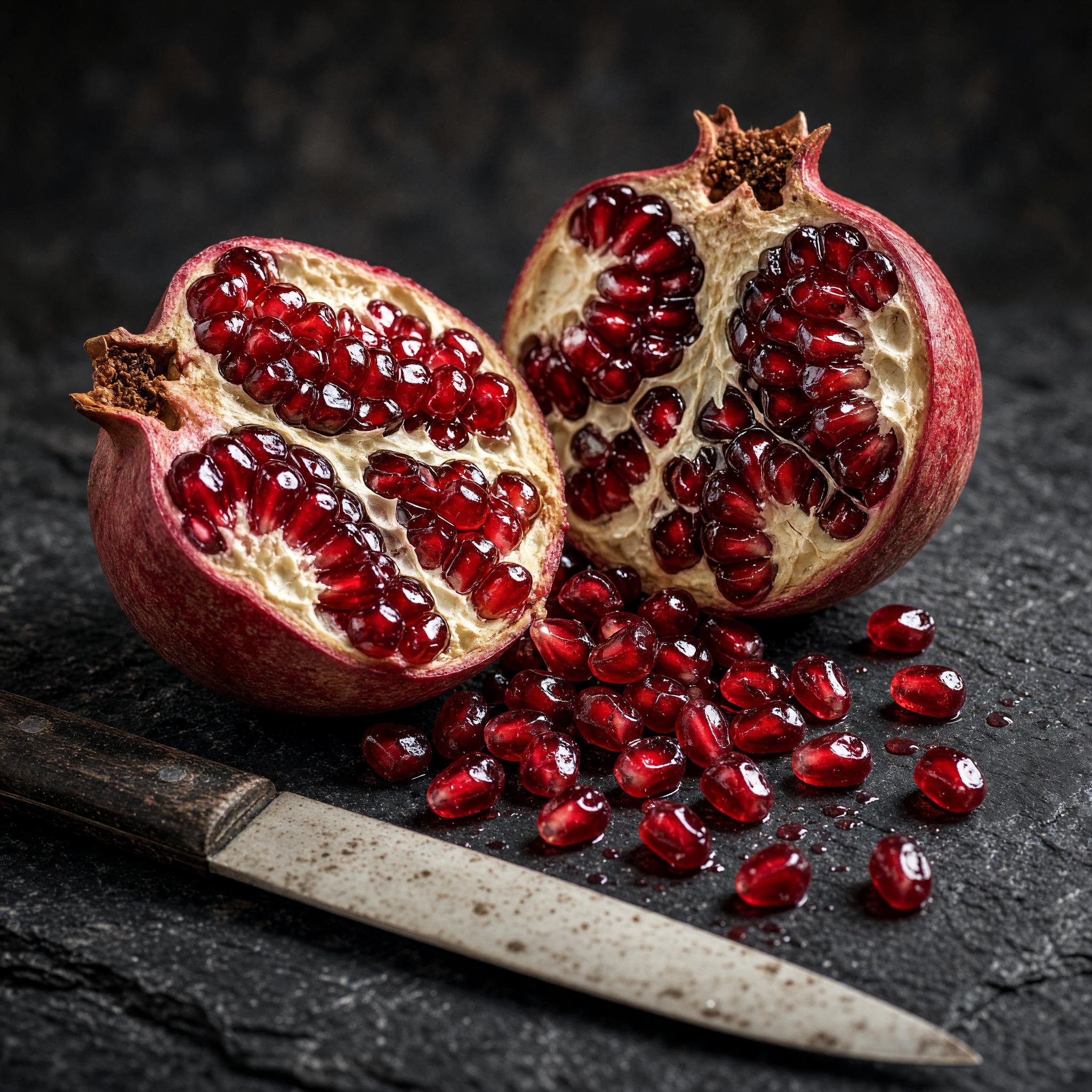 A ripe pomegranate sliced in half on dark textured slate, spilling glistening ruby-red seeds.