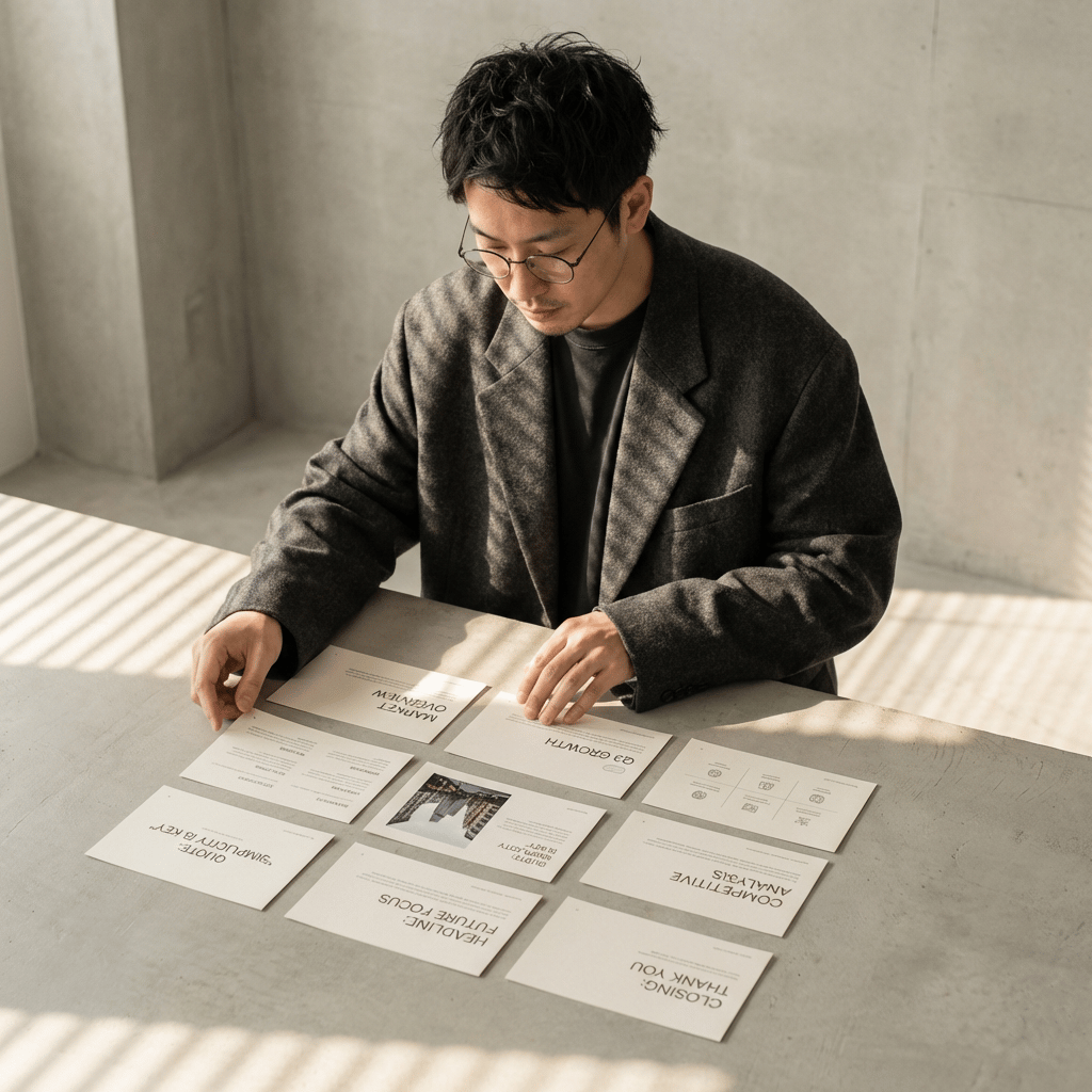 Man in a tweed blazer reviewing nine printed presentation slides laid out on a concrete desk