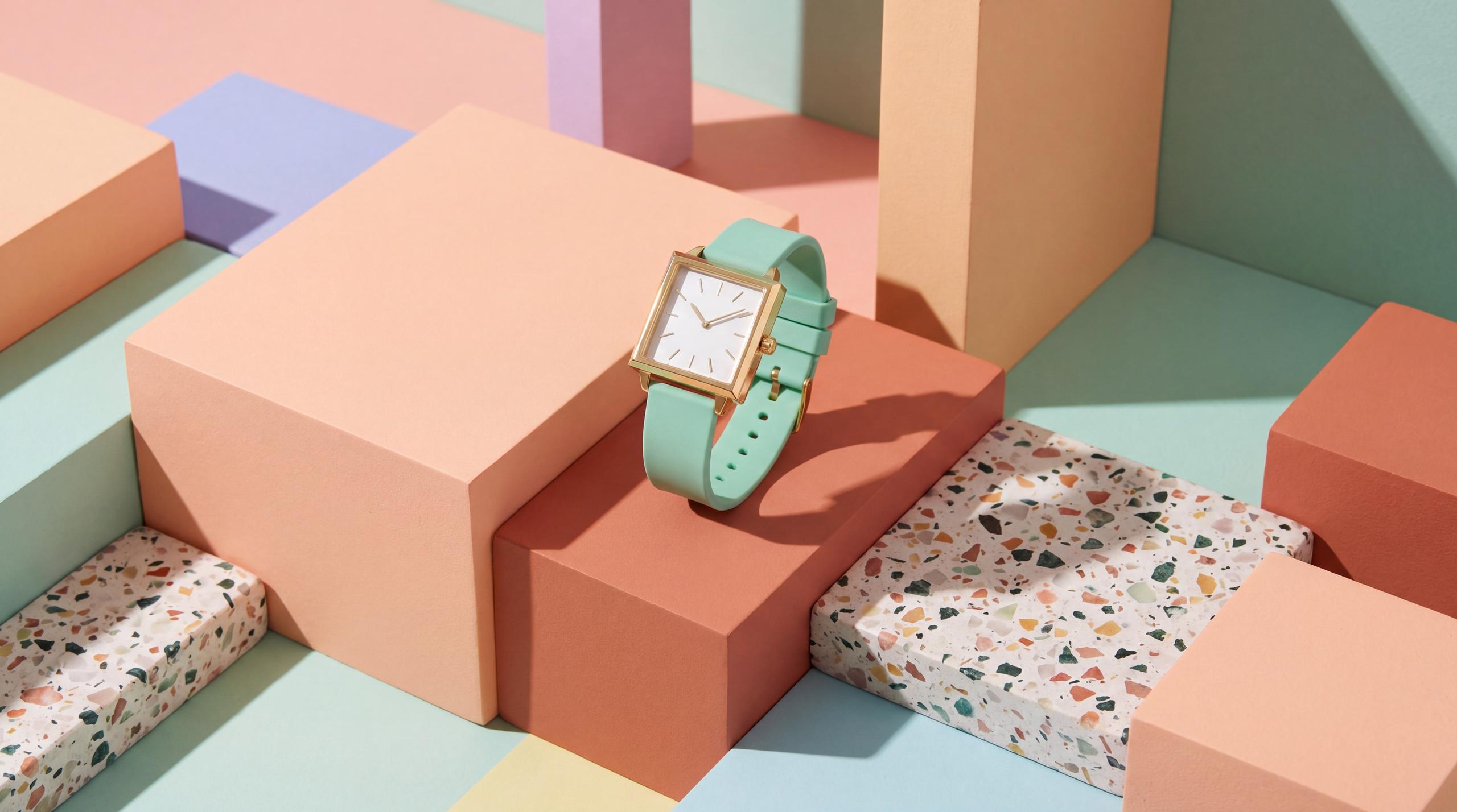 Reference photo: a square-cased gold watch with a white dial and mint-green silicone strap stands upright on a peach block among pastel geometric pedestals and a speckled terrazzo slab under bright directional studio light.