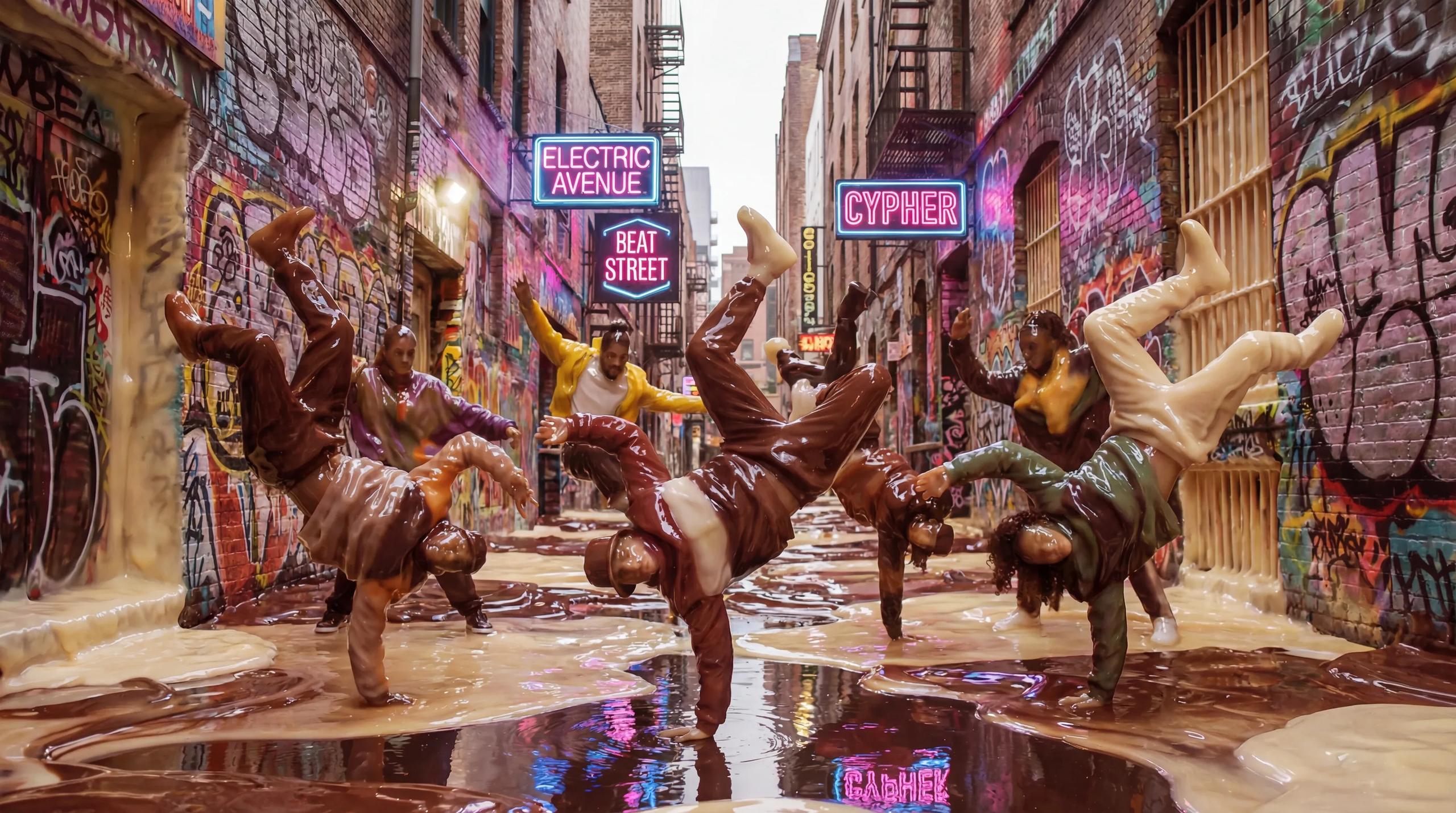 Start frame for Pudding Breakdancers in Graffiti Alley — Grok Video