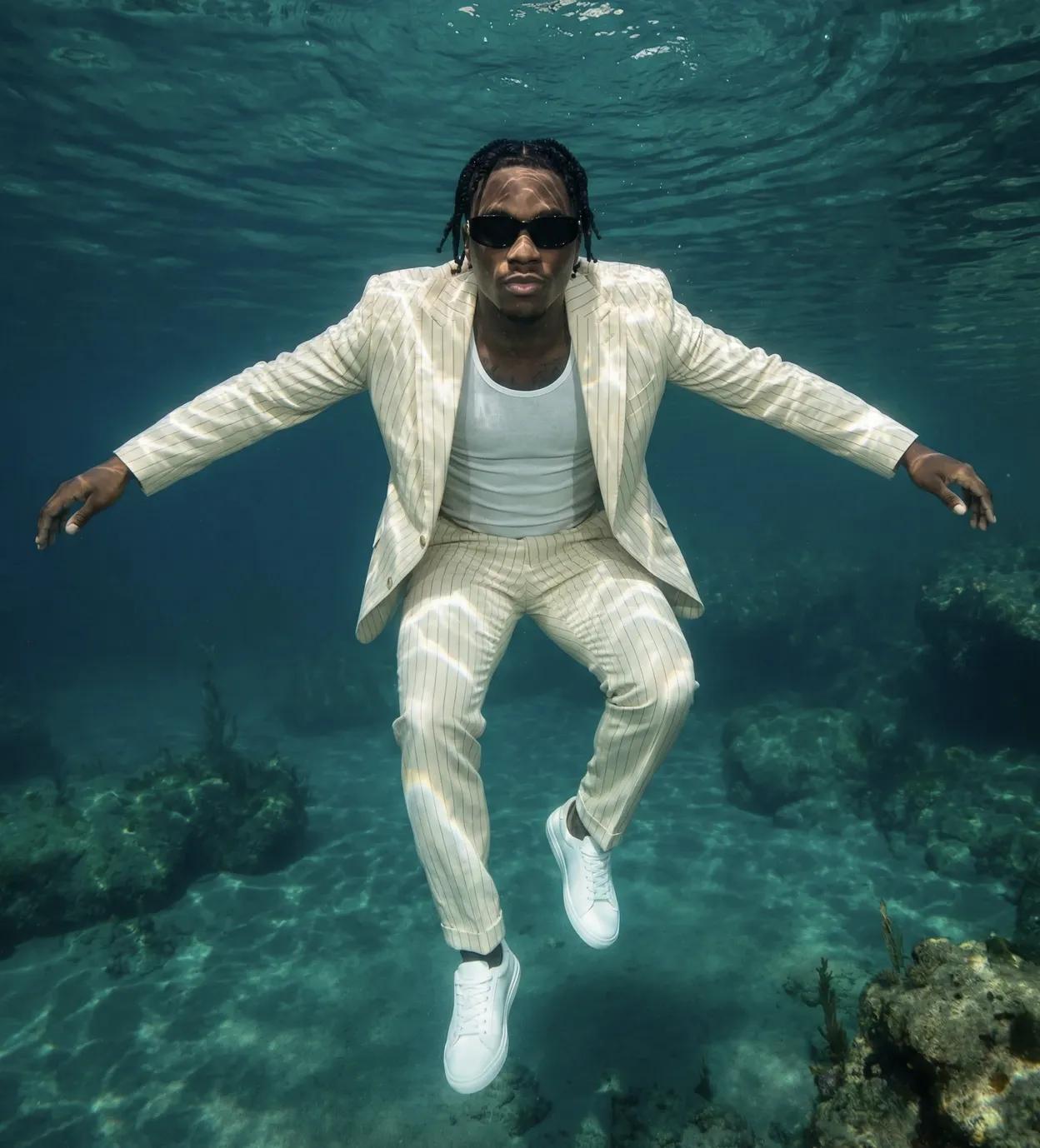 Man in a striped cream suit and sunglasses floating underwater above a sandy reef
