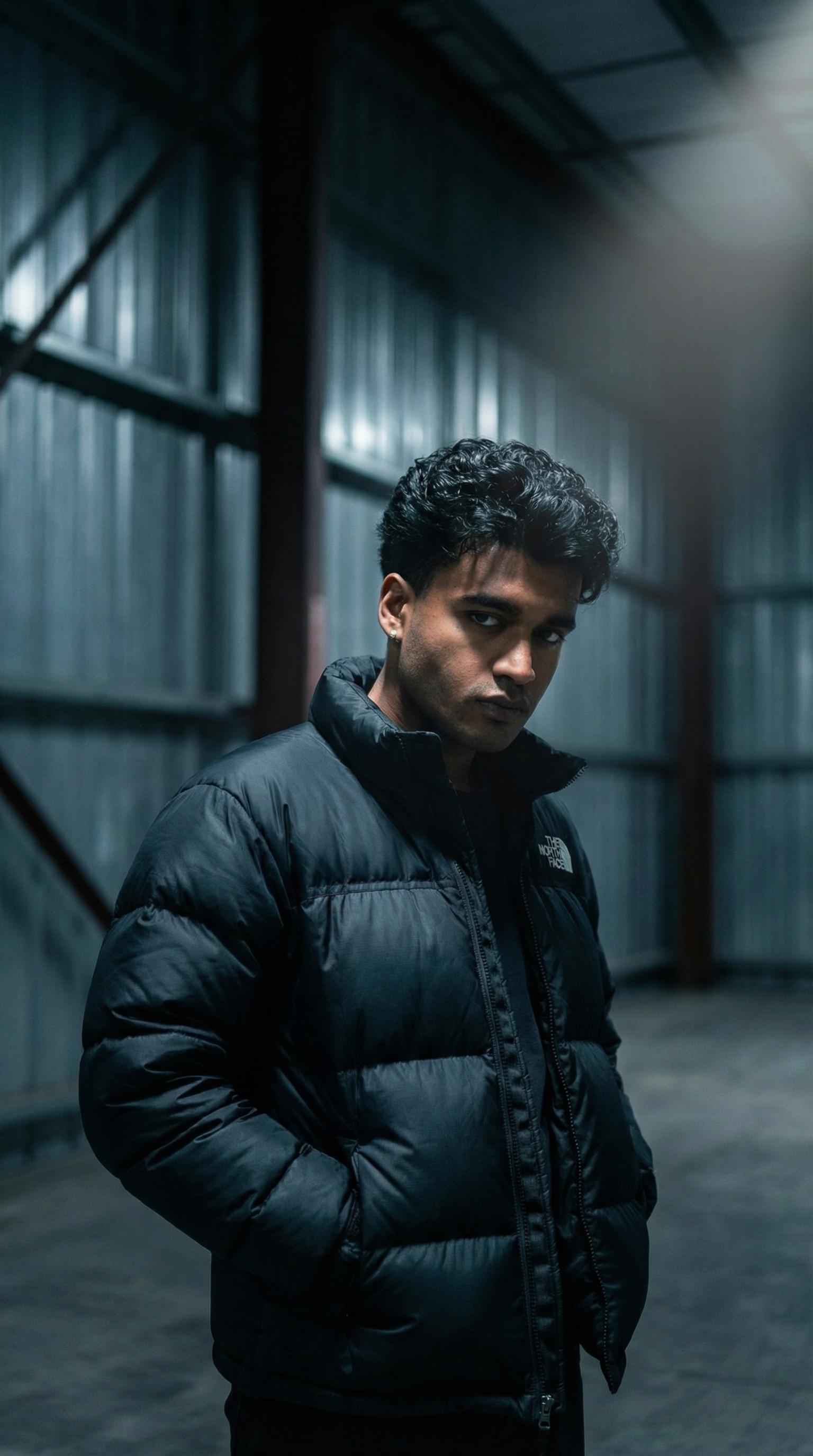 Start frame for Man in Puffer Jacket in Warehouse — Kling 2.5 Turbo