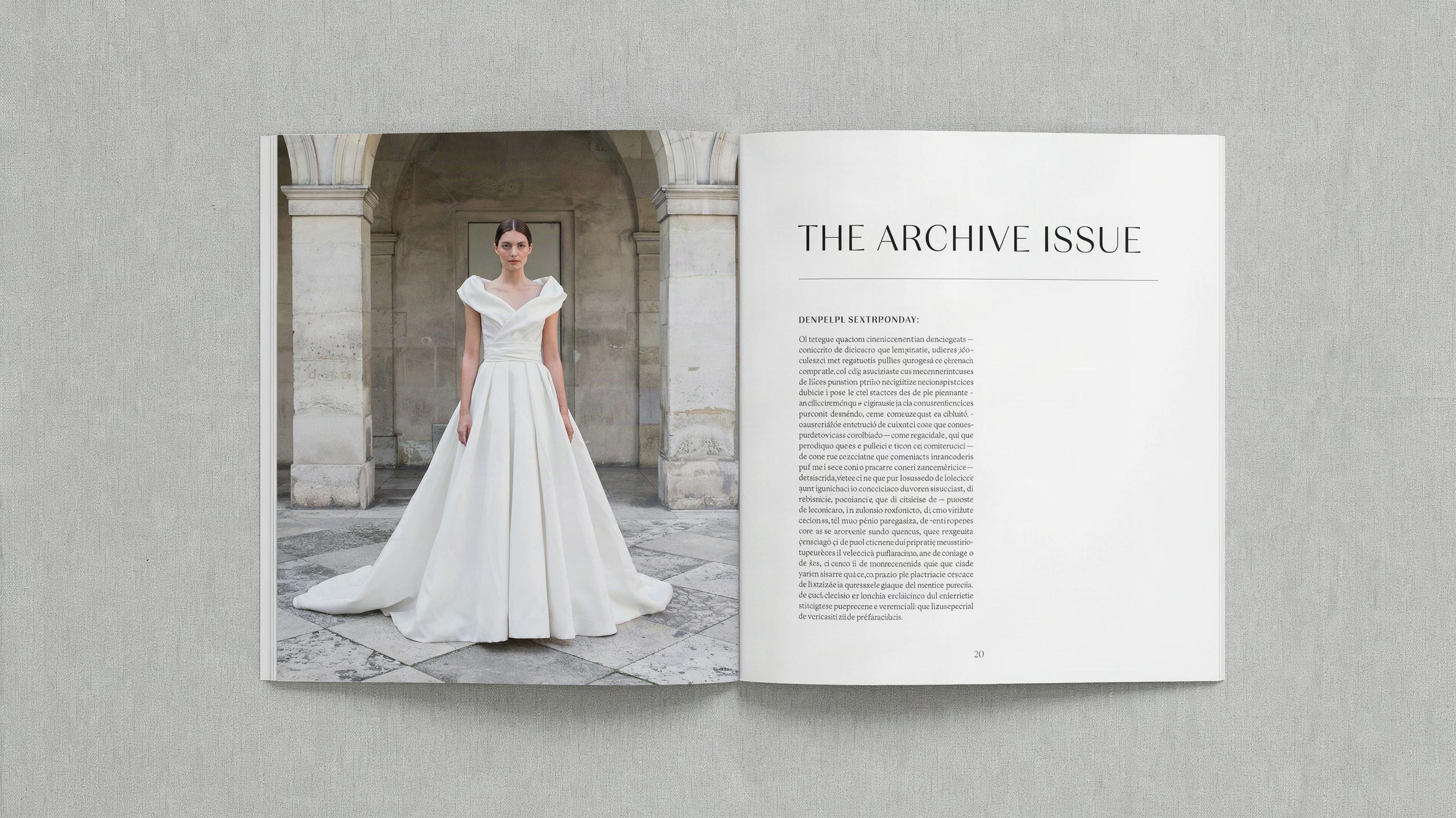 An open magazine spread: a sculptural white gown photograph beside the headline THE ARCHIVE ISSUE and a column of body text.