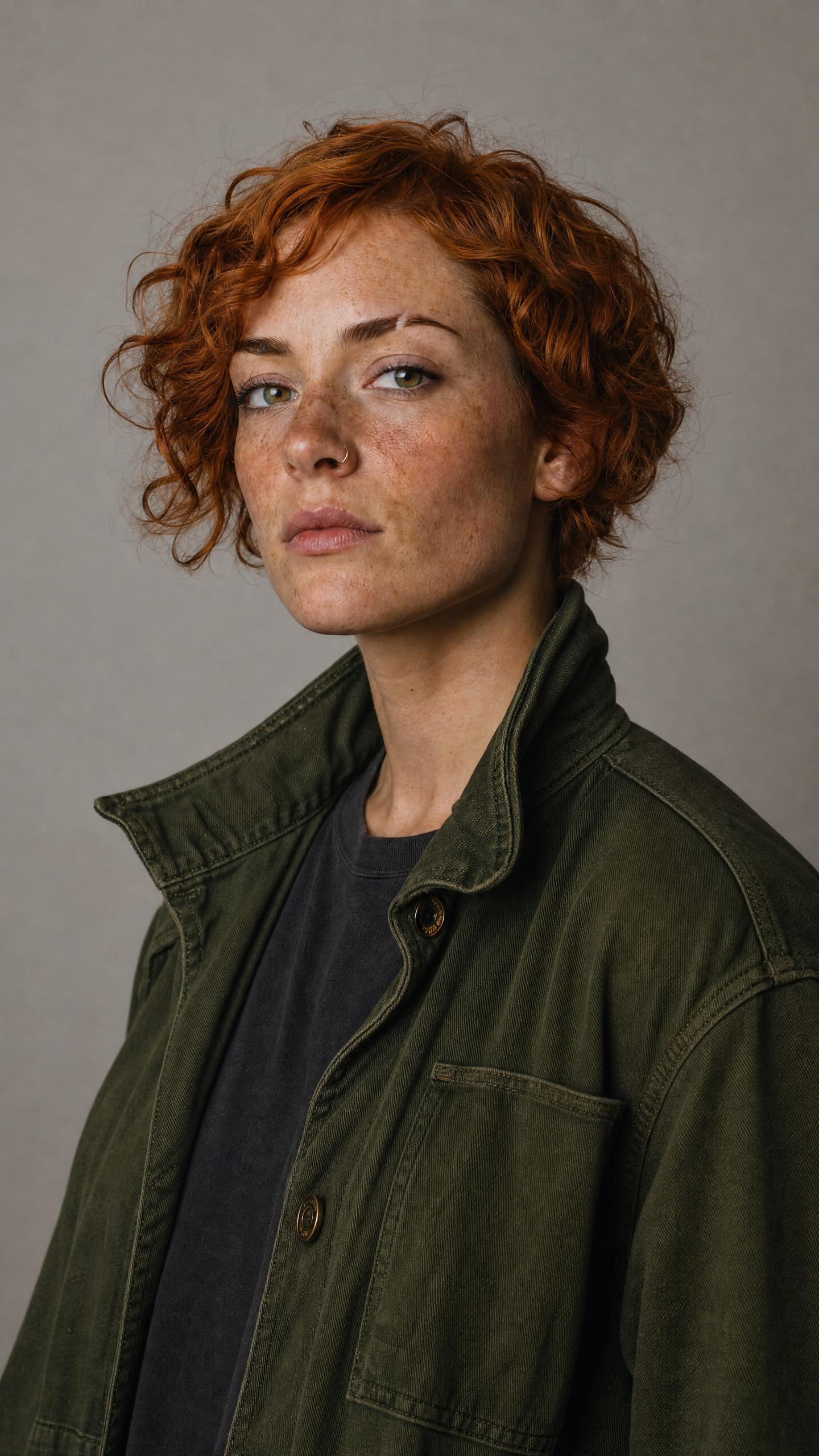 Photographic portrait of a freckled woman with curly red hair in an olive jacket against a gray backdrop