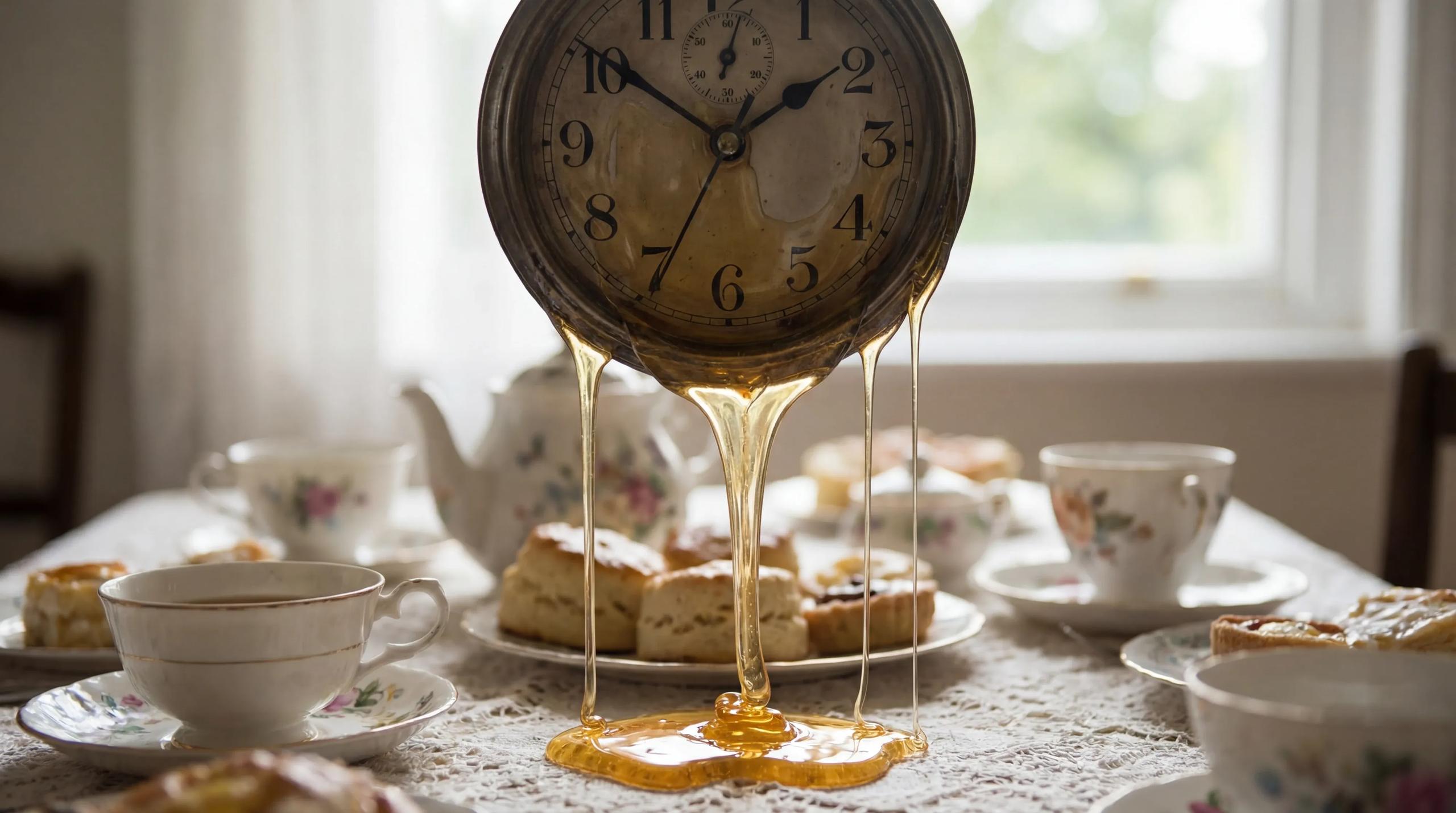 Start frame for Melting Clock on Tea Table — Sora 2 Pro