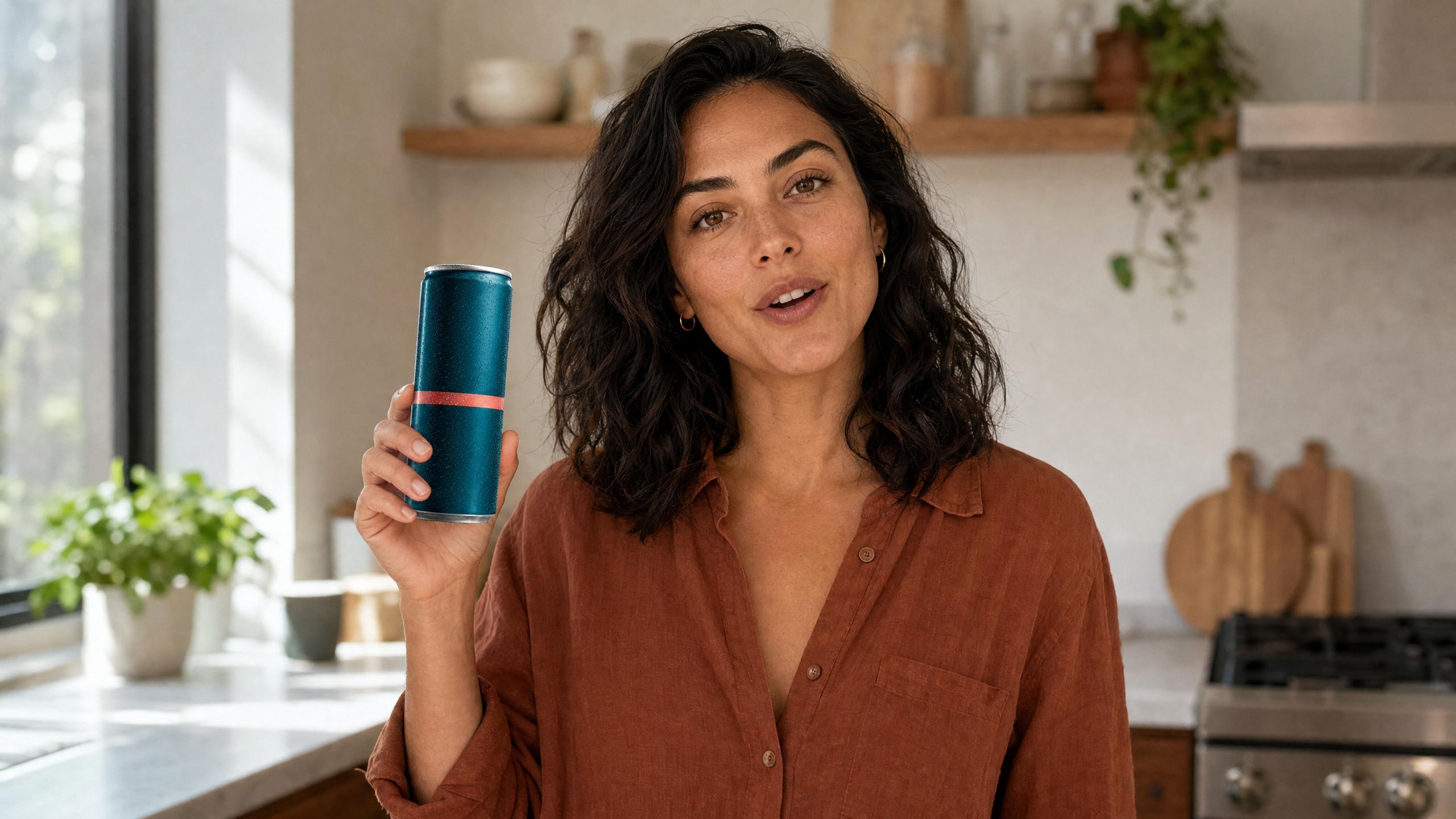 A woman in a rust linen shirt holding up a teal drink can while talking to camera in a bright kitchen